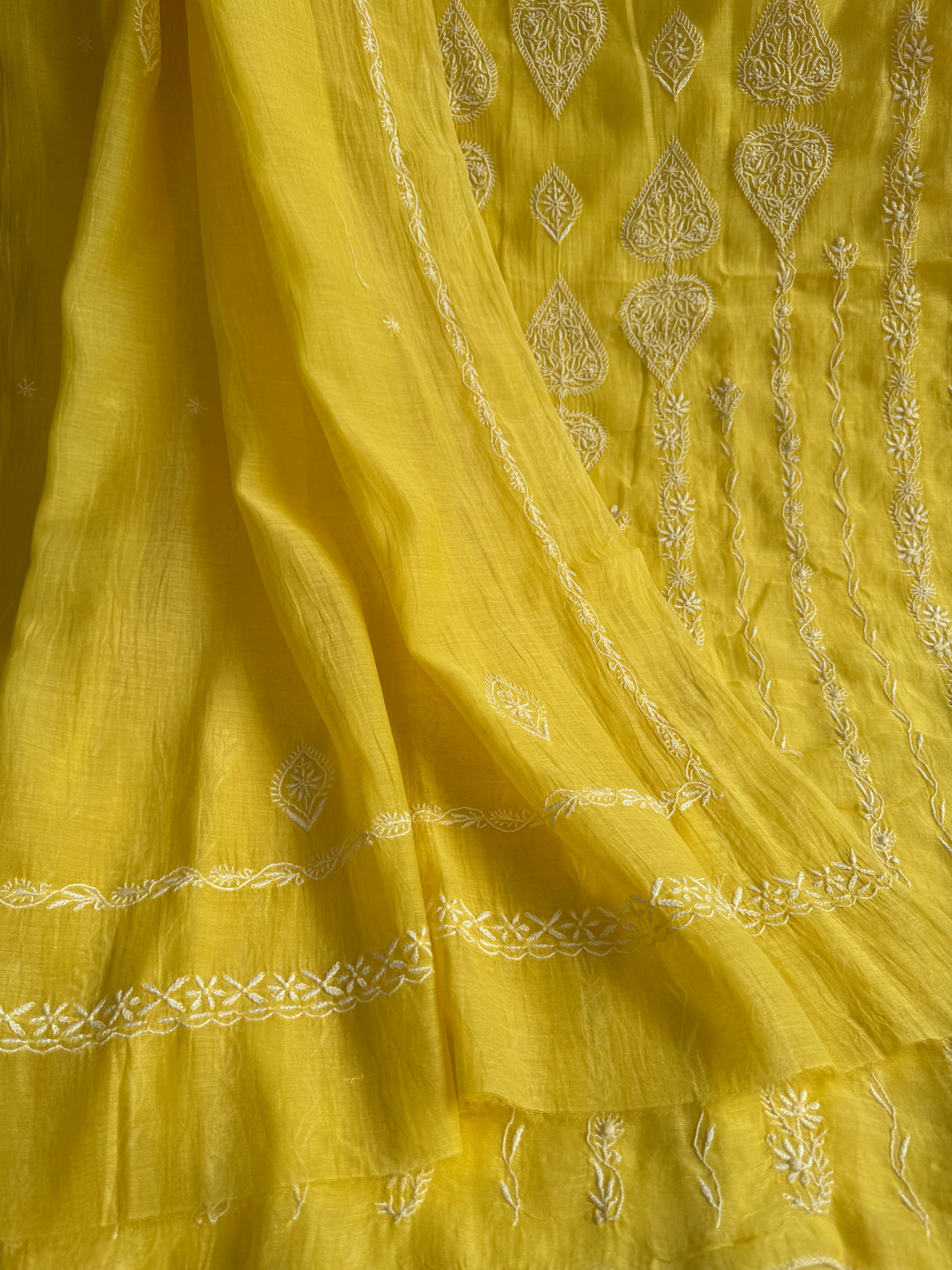 Mul Chanderi Chikankari Unstitched Length with Dupatta - Yellow