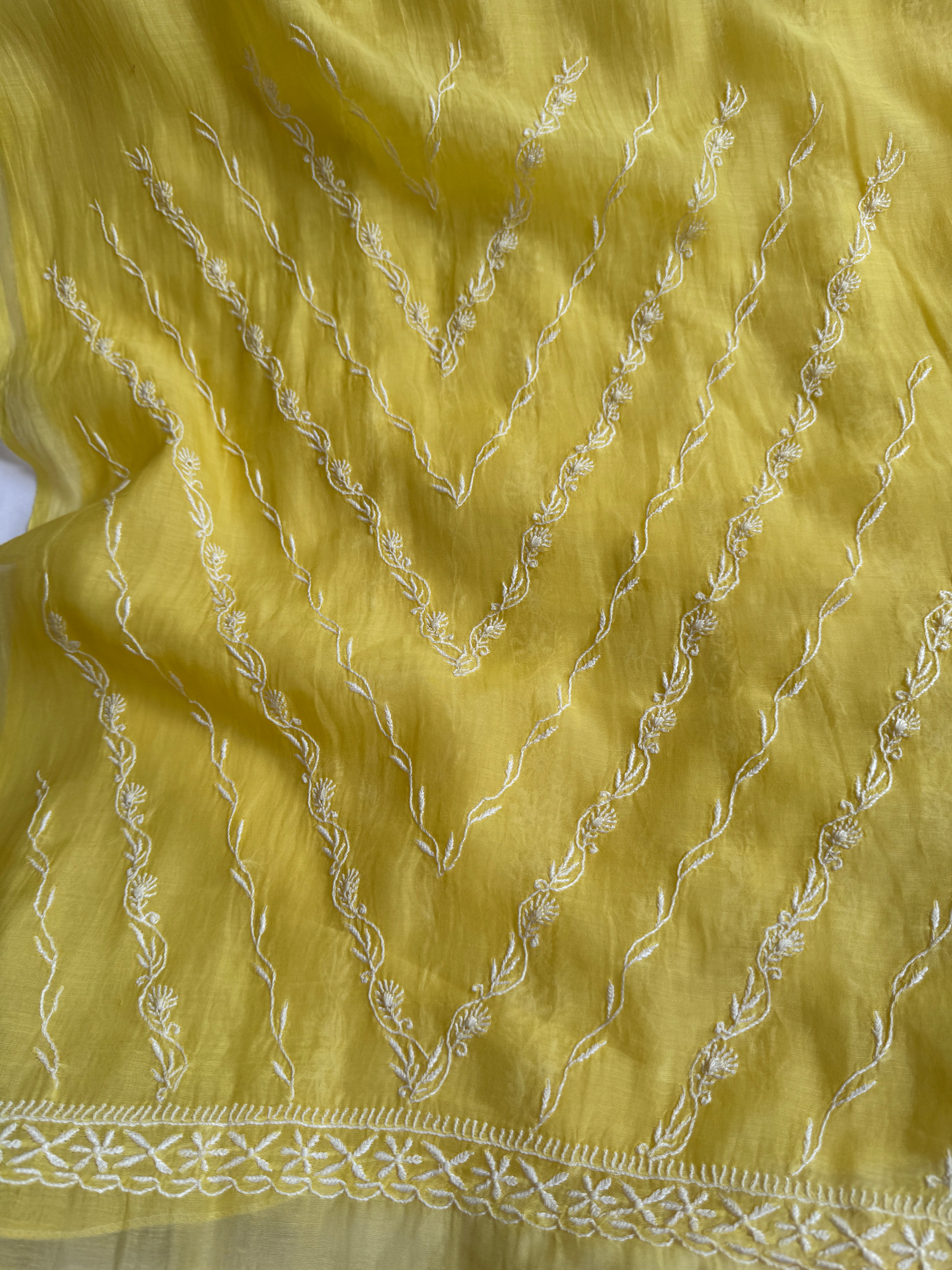 Mul Chanderi Chikankari Unstitched Length with Dupatta - Yellow