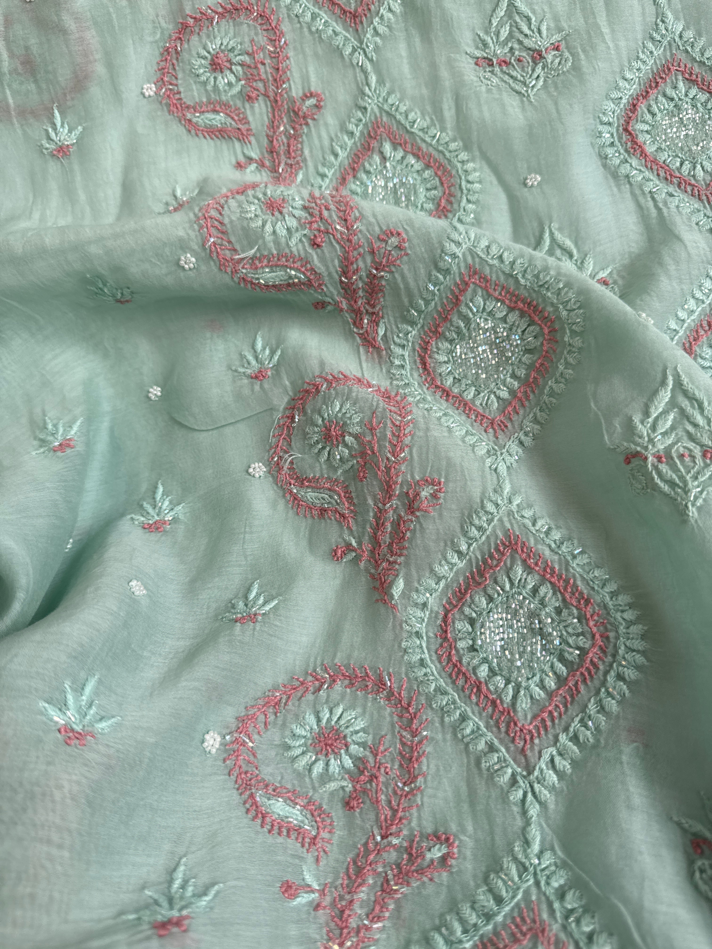 Mul Chanderi Chikankari - Unstitched Set - Multi Colour