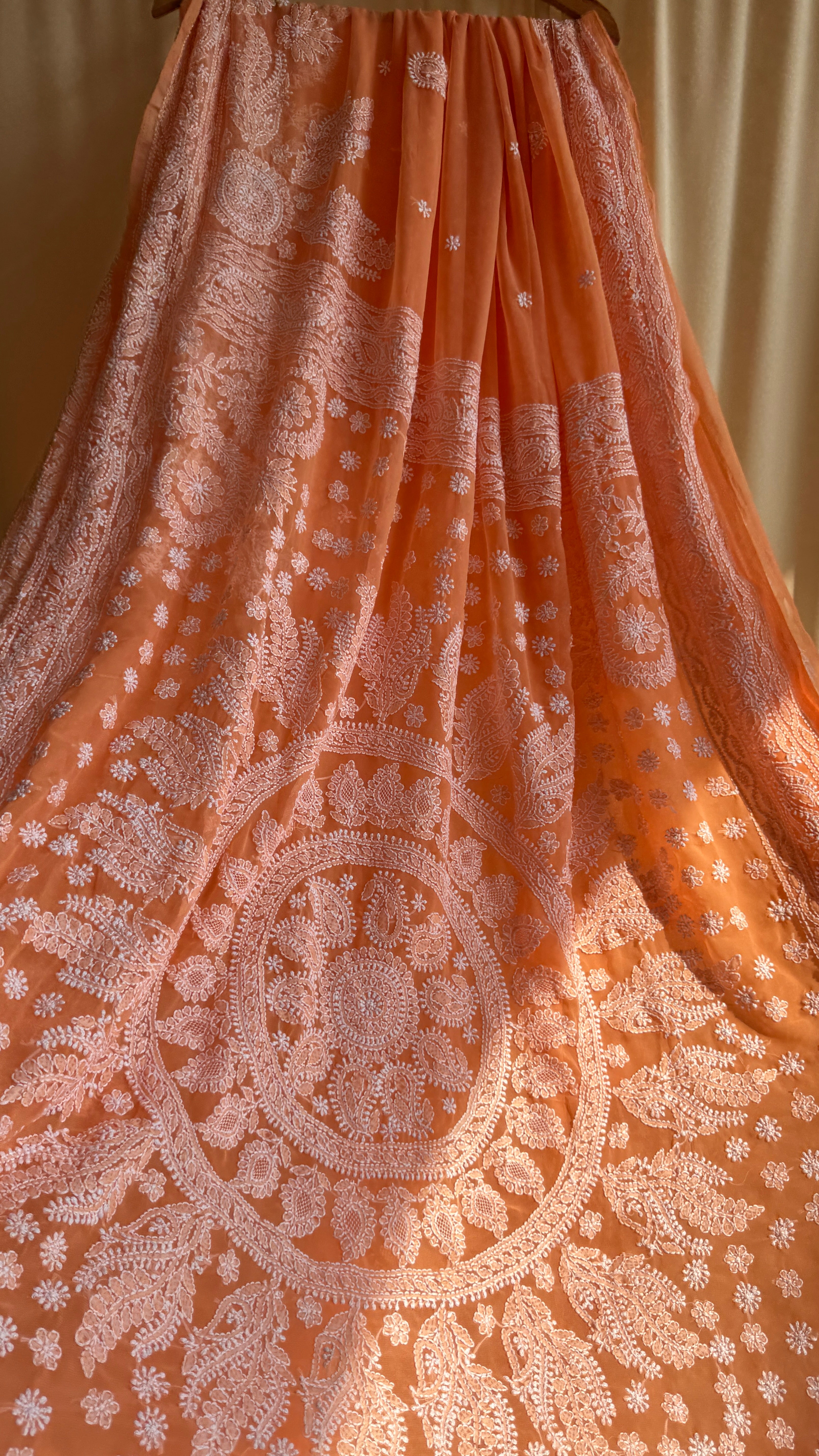 Georgette Chikankari saree in Sunset Orange