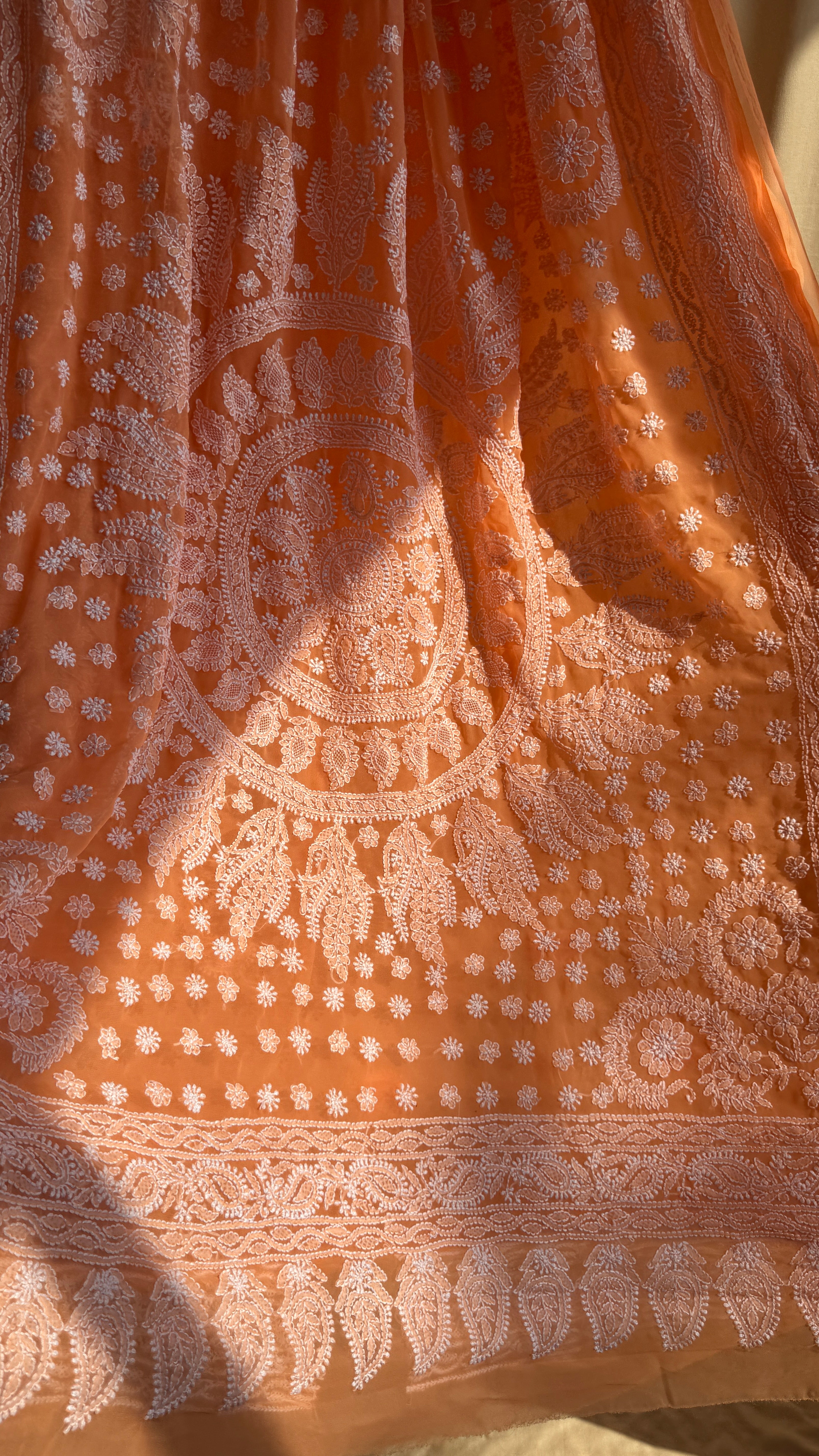 Georgette Chikankari saree in Sunset Orange