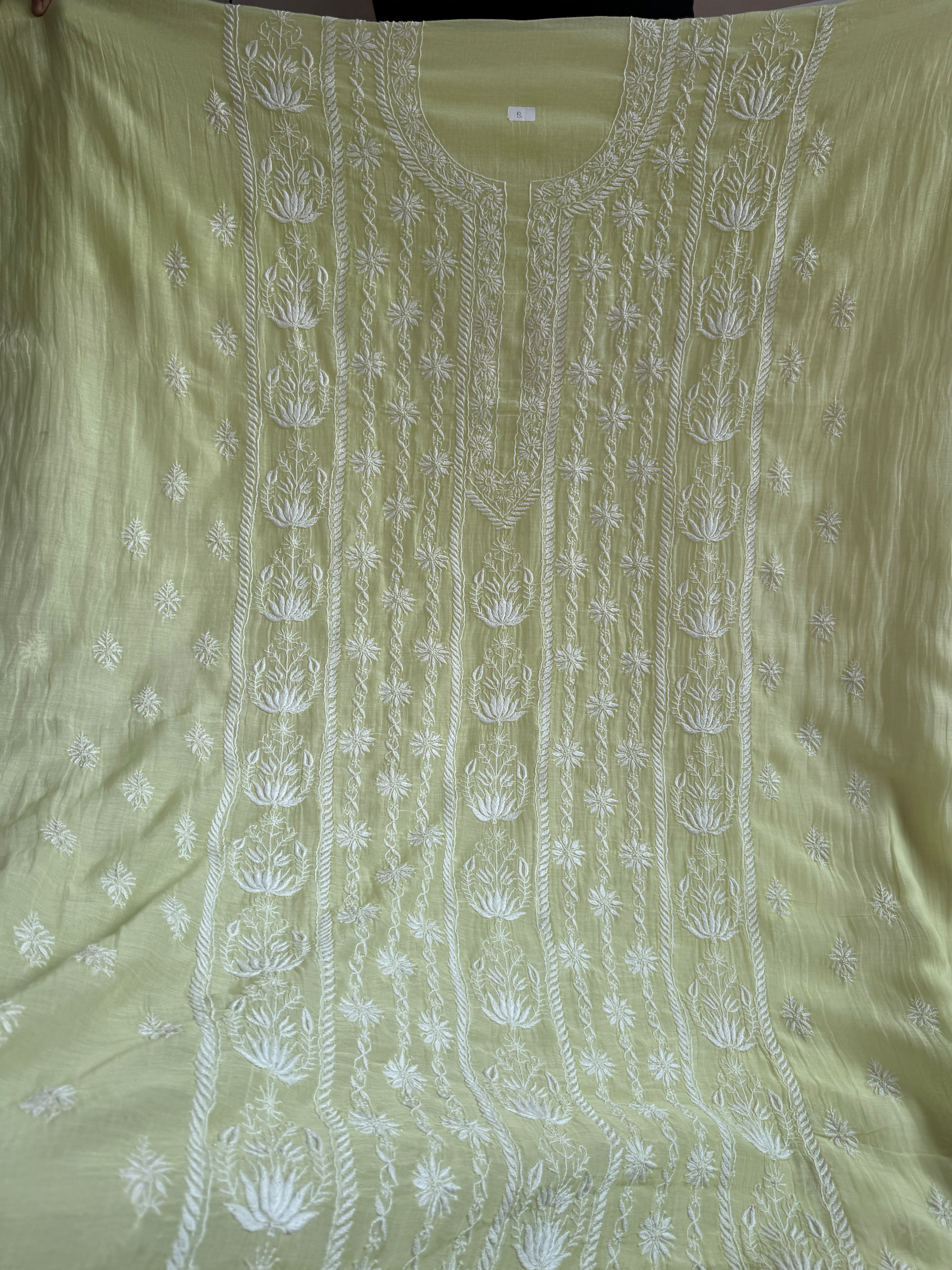 Mul Chanderi Chikankari Unstitched Length with Dupatta - Apple Green