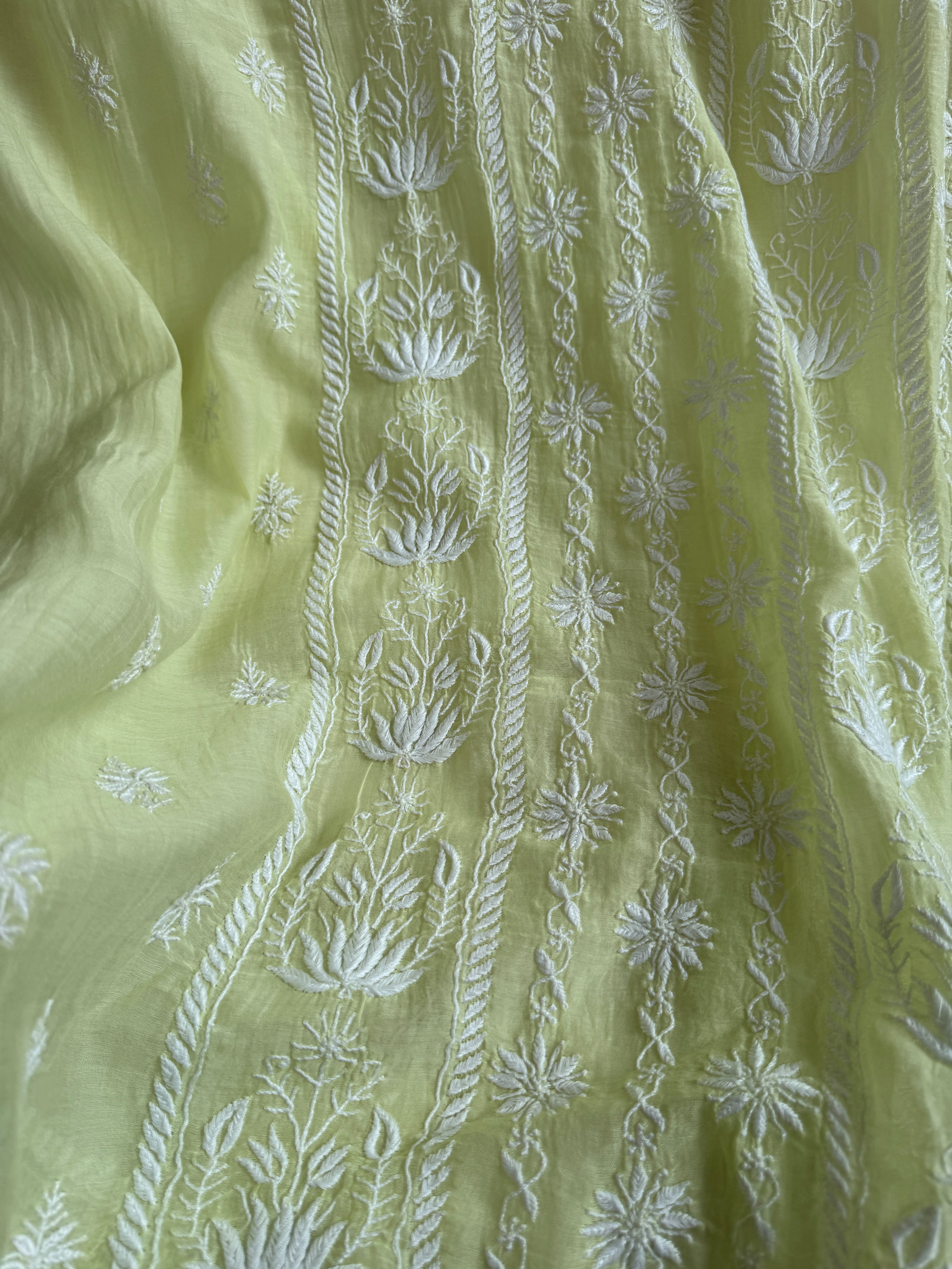 Mul Chanderi Chikankari Unstitched Length with Dupatta - Apple Green