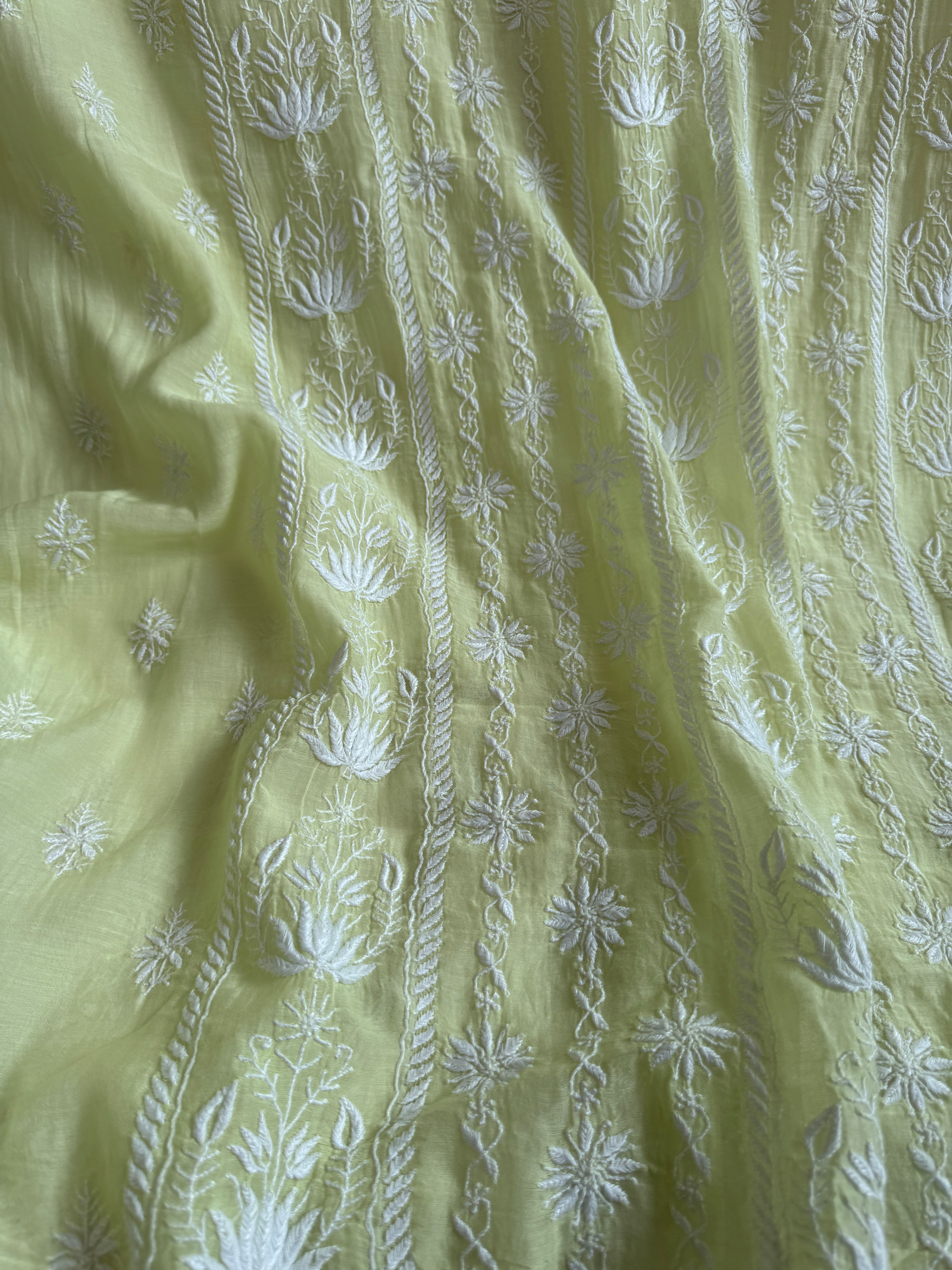 Mul Chanderi Chikankari Unstitched Length with Dupatta - Apple Green