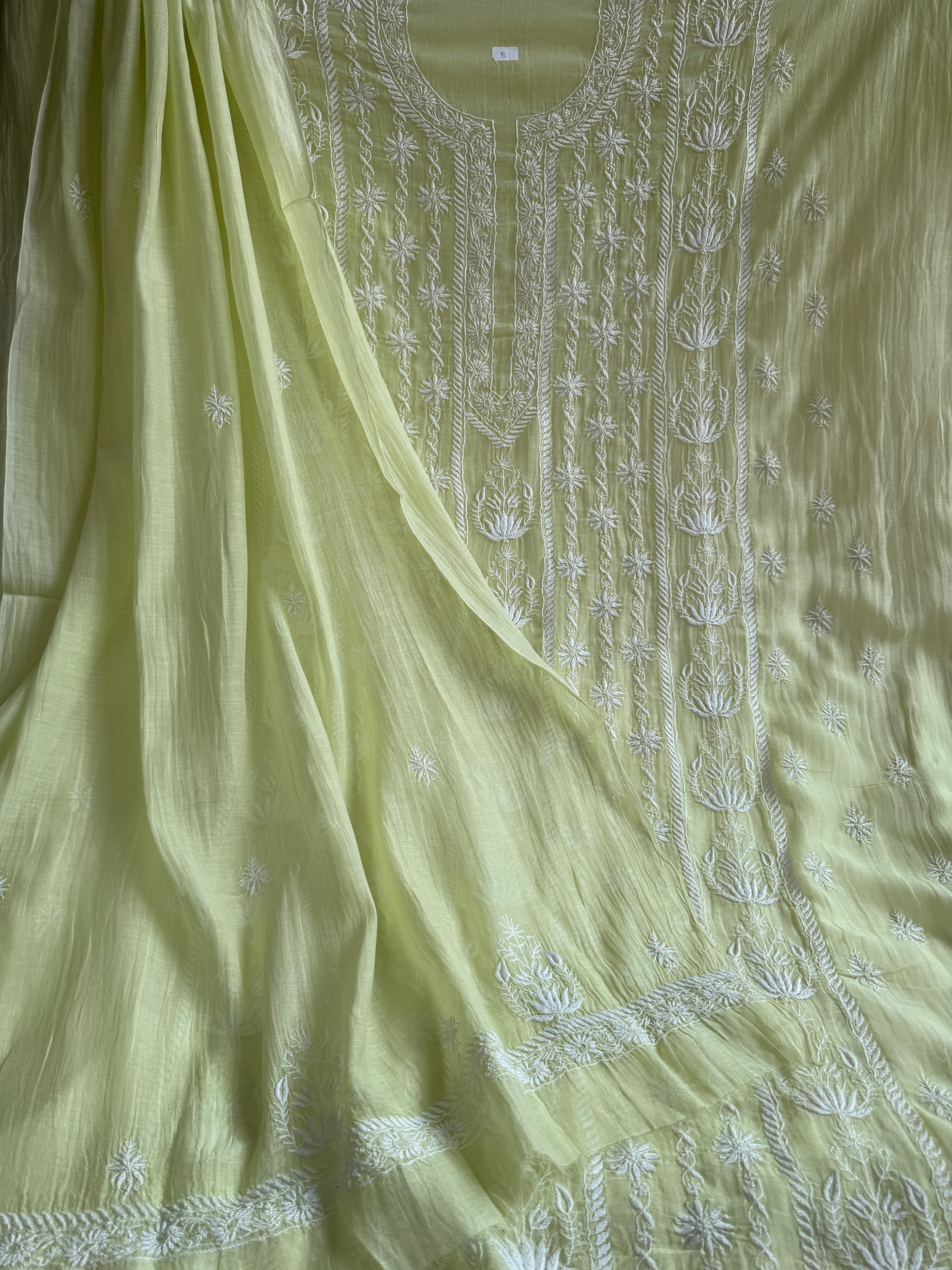 Mul Chanderi Chikankari Unstitched Length with Dupatta - Apple Green