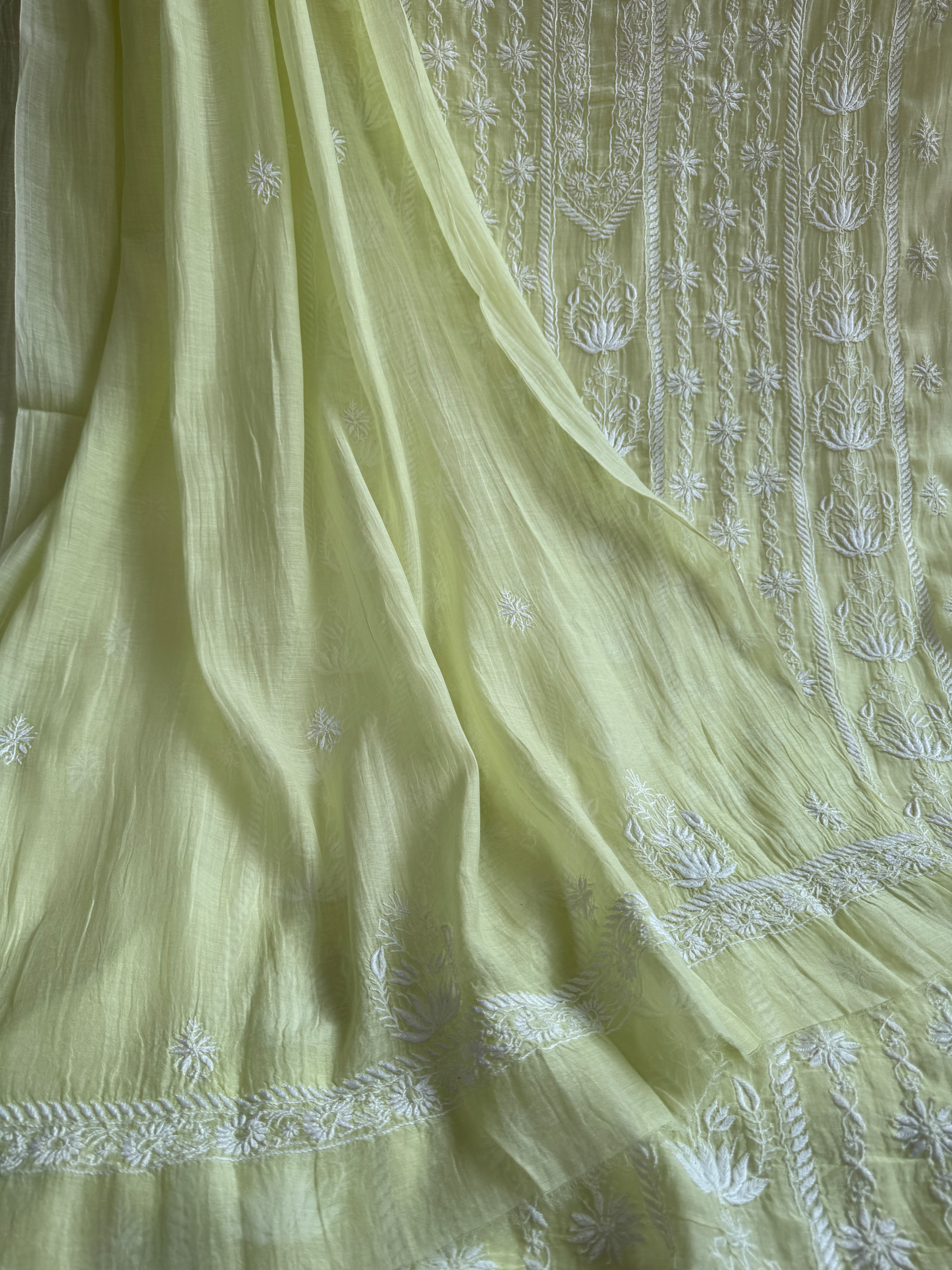 Mul Chanderi Chikankari Unstitched Length with Dupatta - Apple Green