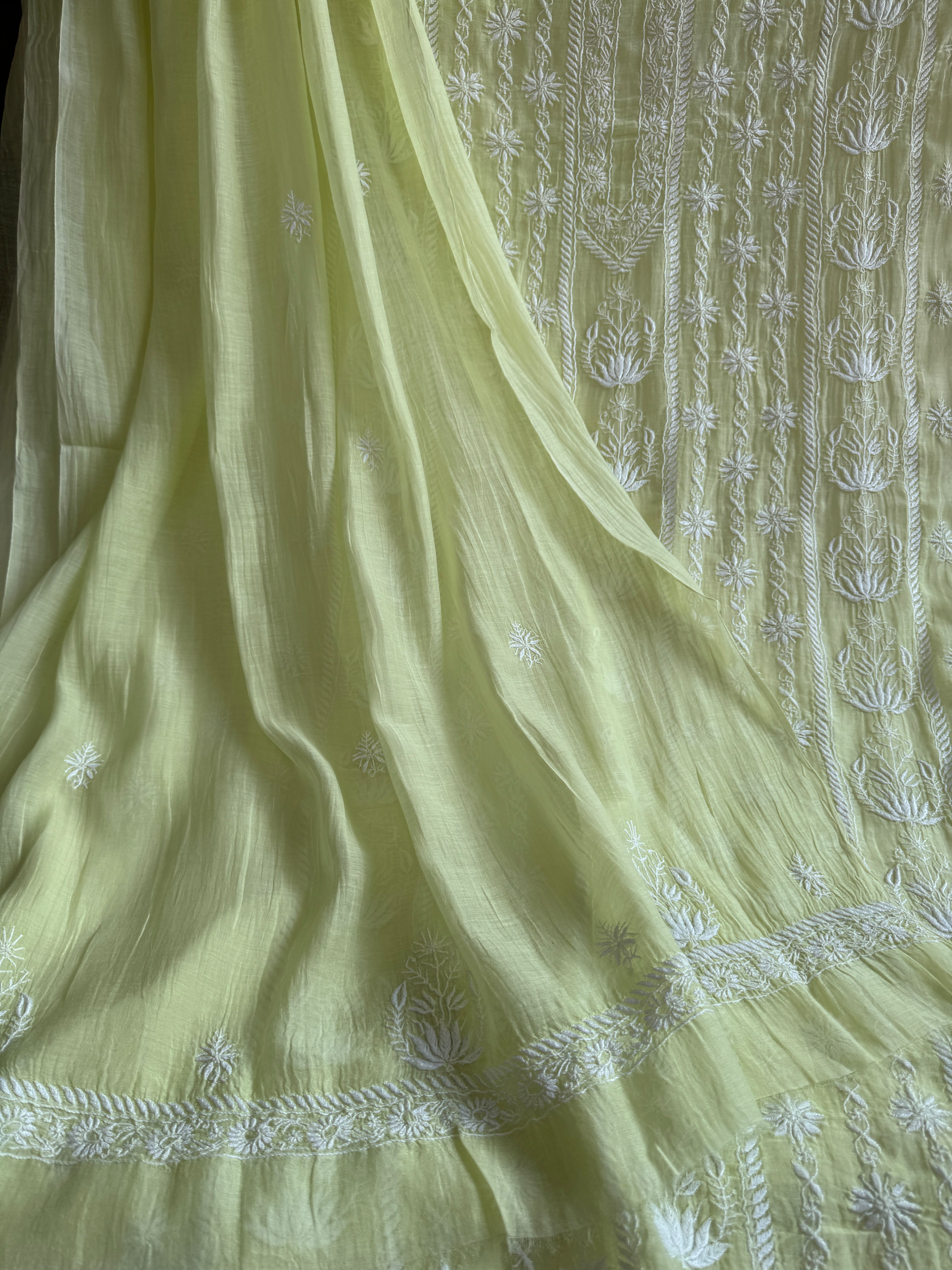 Mul Chanderi Chikankari Unstitched Length with Dupatta - Apple Green