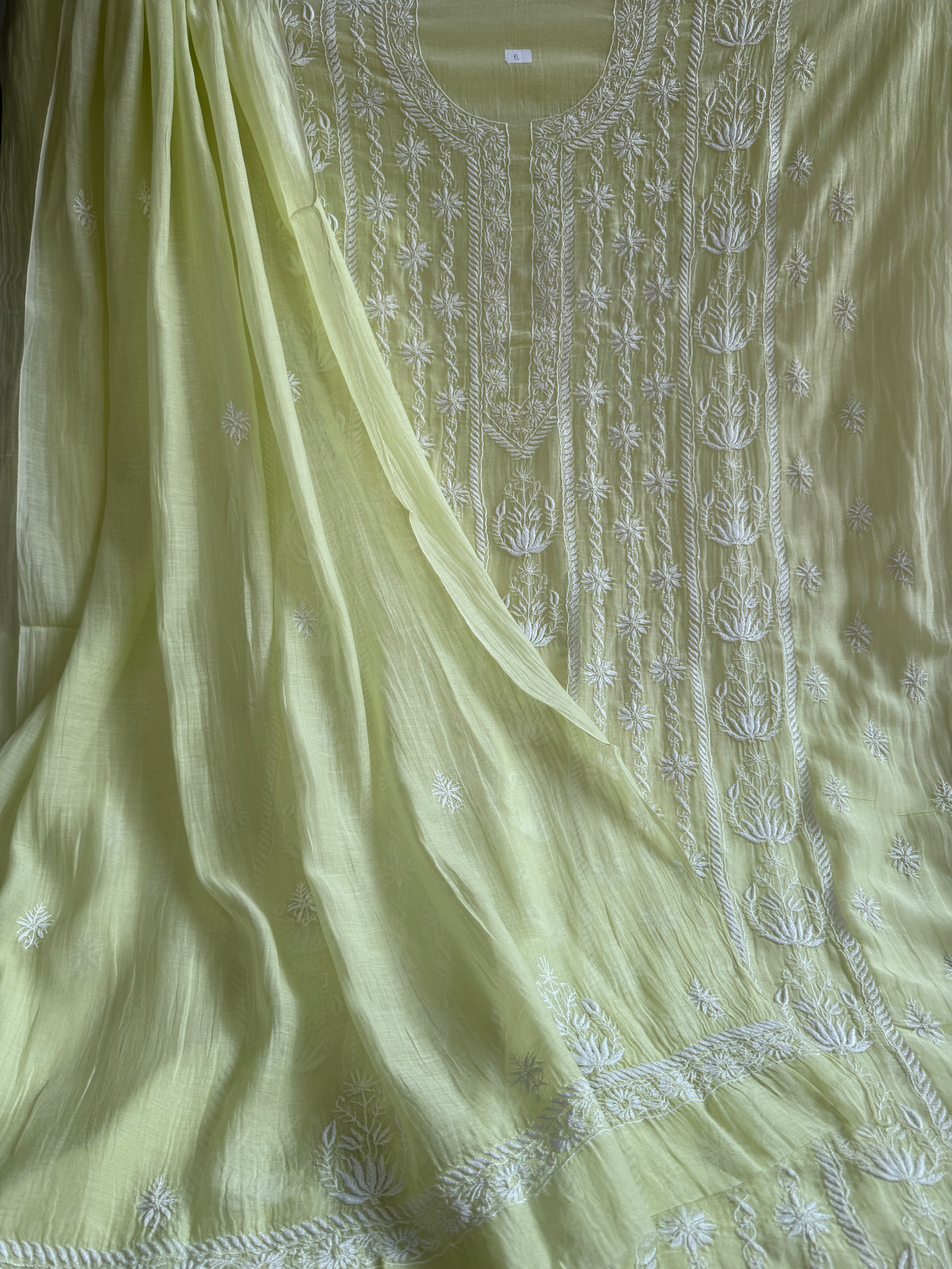 Mul Chanderi Chikankari Unstitched Length with Dupatta - Apple Green