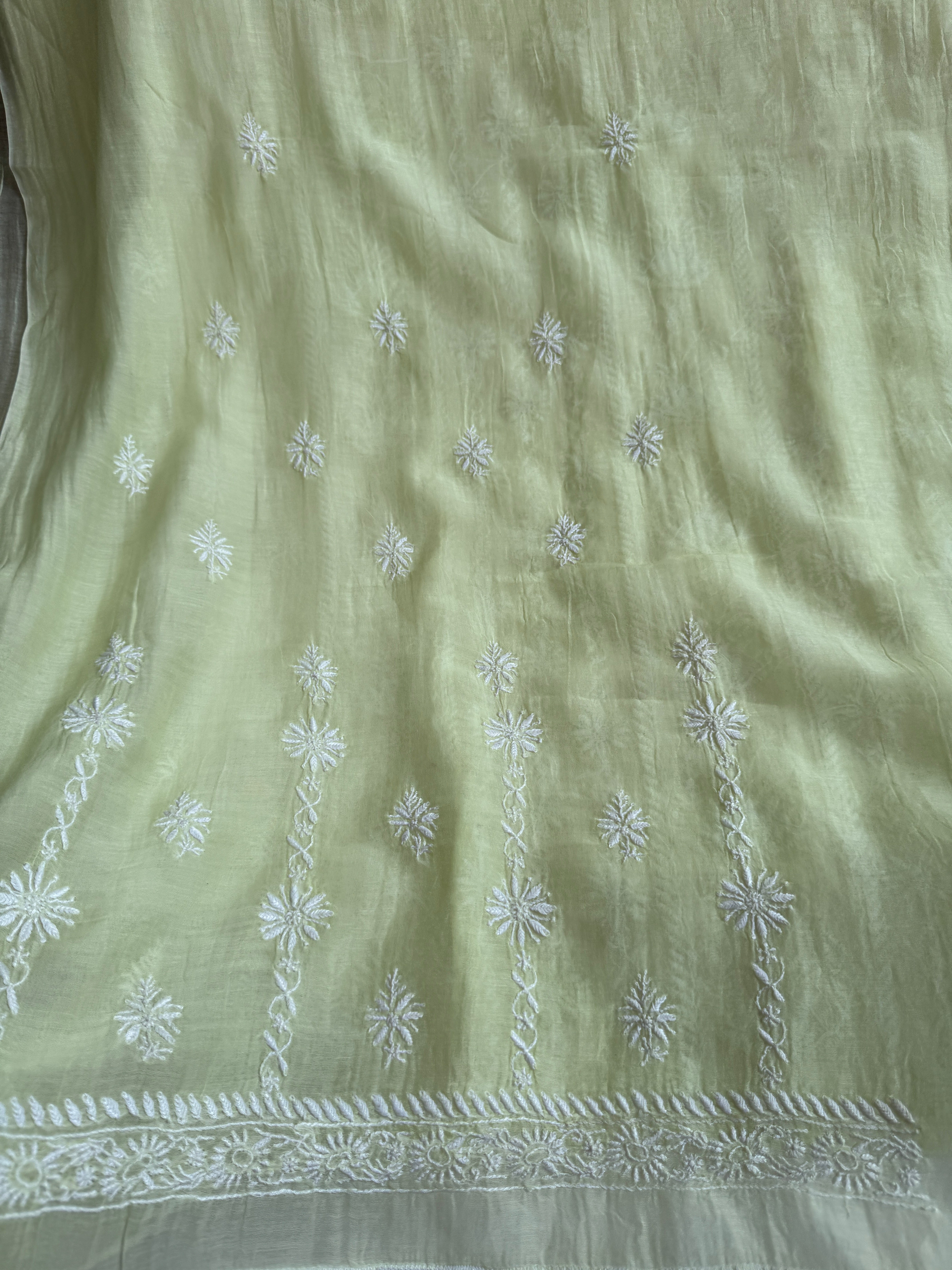 Mul Chanderi Chikankari Unstitched Length with Dupatta - Apple Green