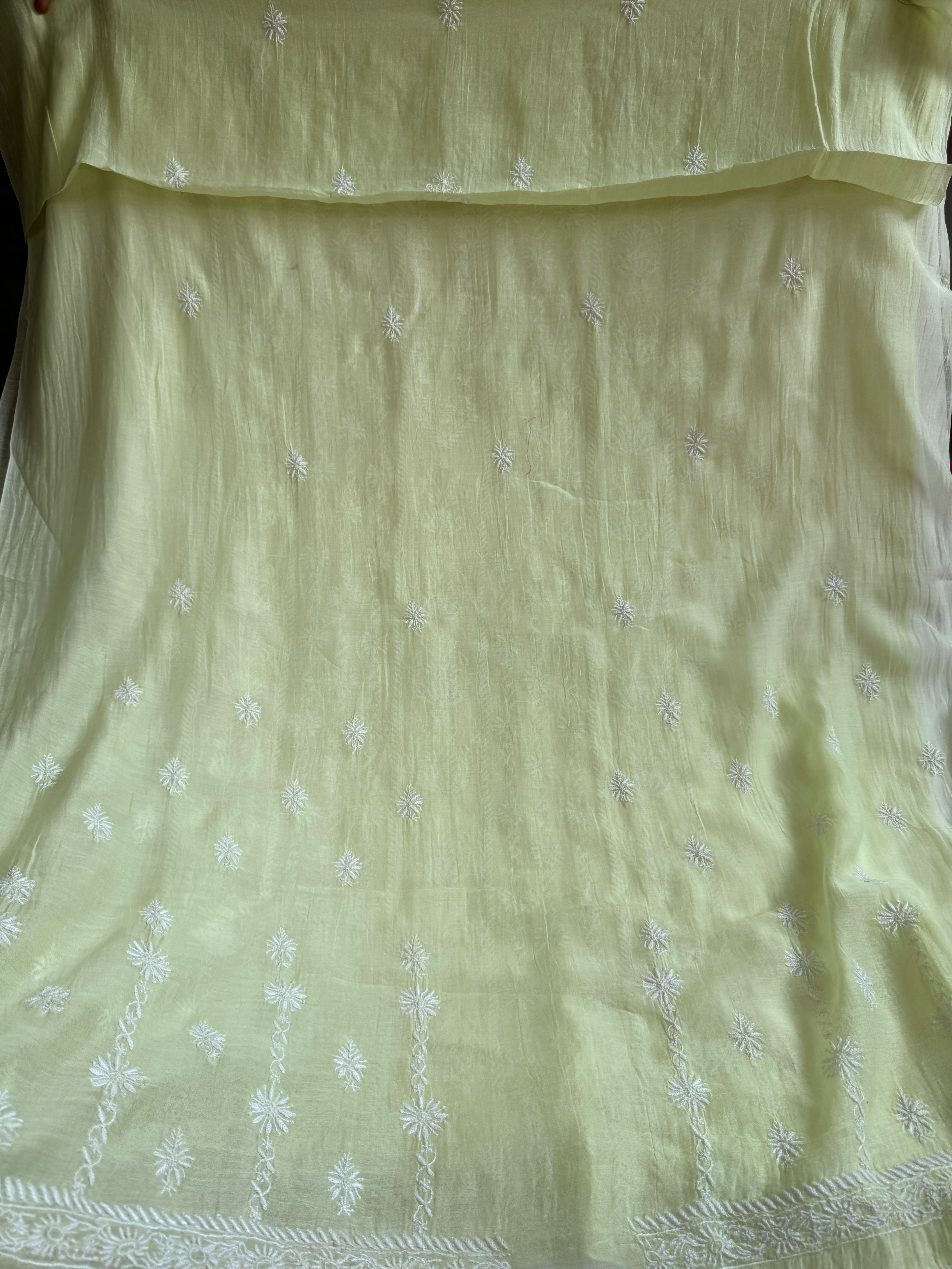 Mul Chanderi Chikankari Unstitched Length with Dupatta - Apple Green