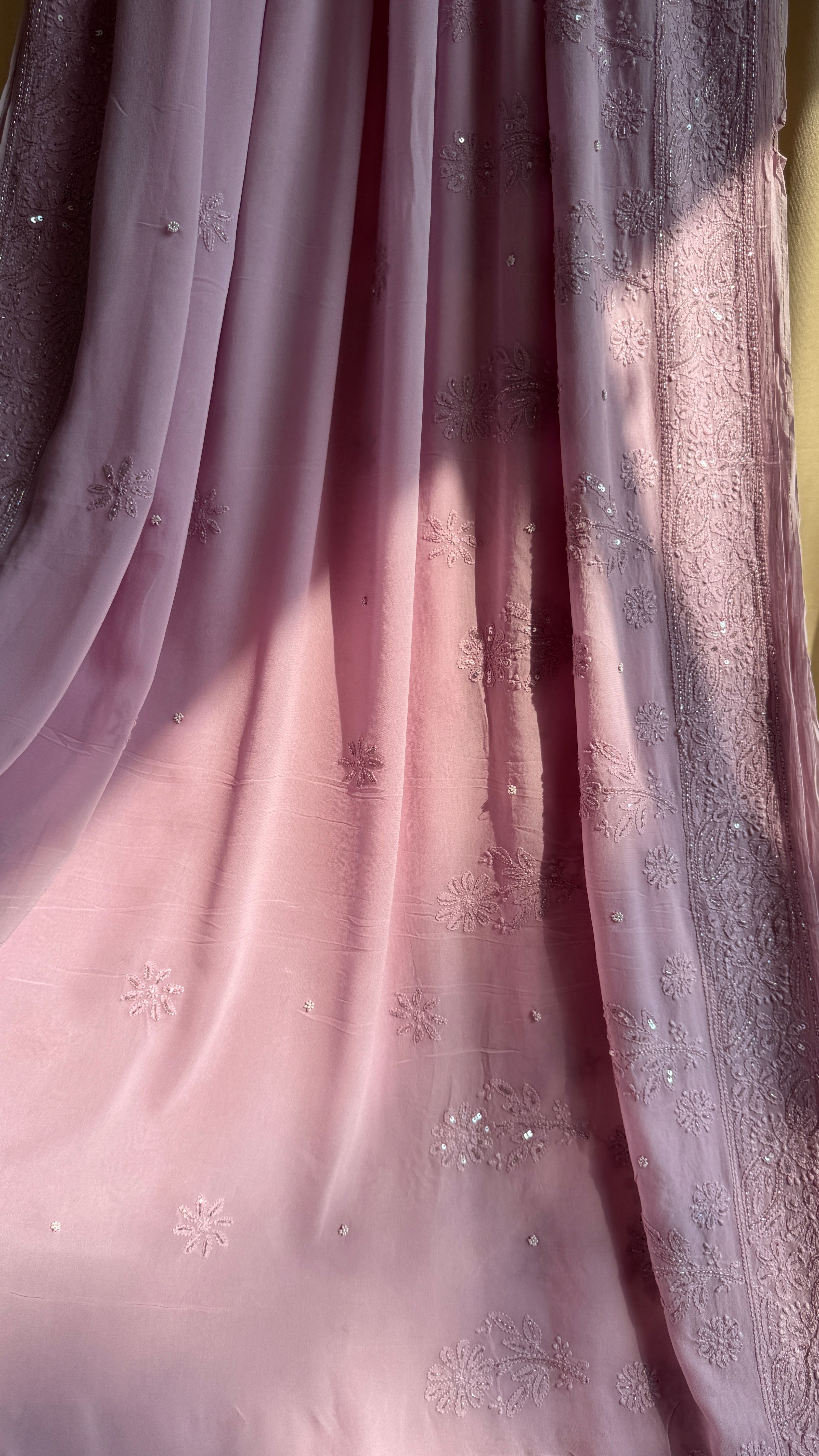 Viscose Onion Pink Chikankari saree with Pearl embellishments