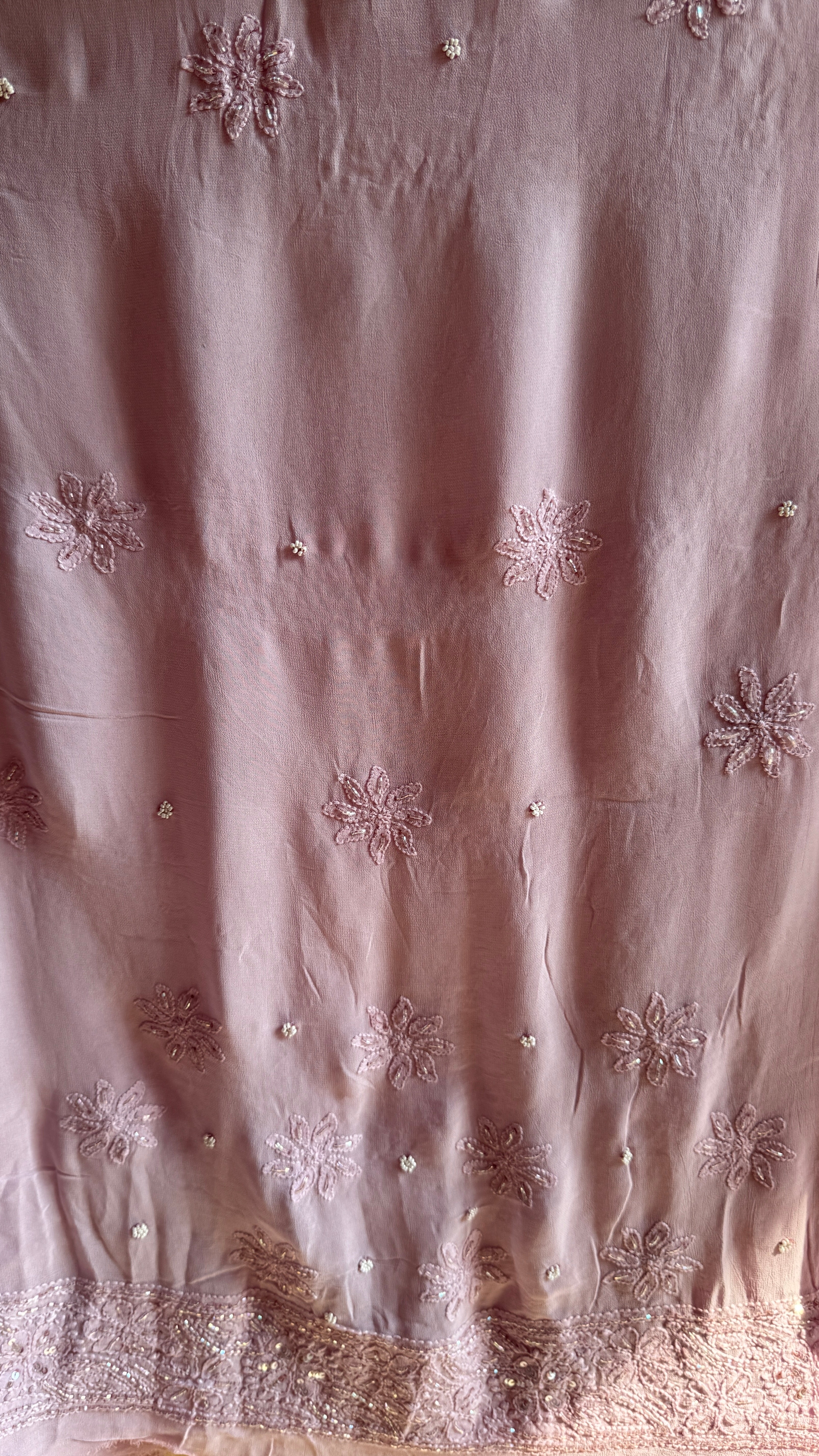 Viscose Onion Pink Chikankari saree with Pearl embellishments