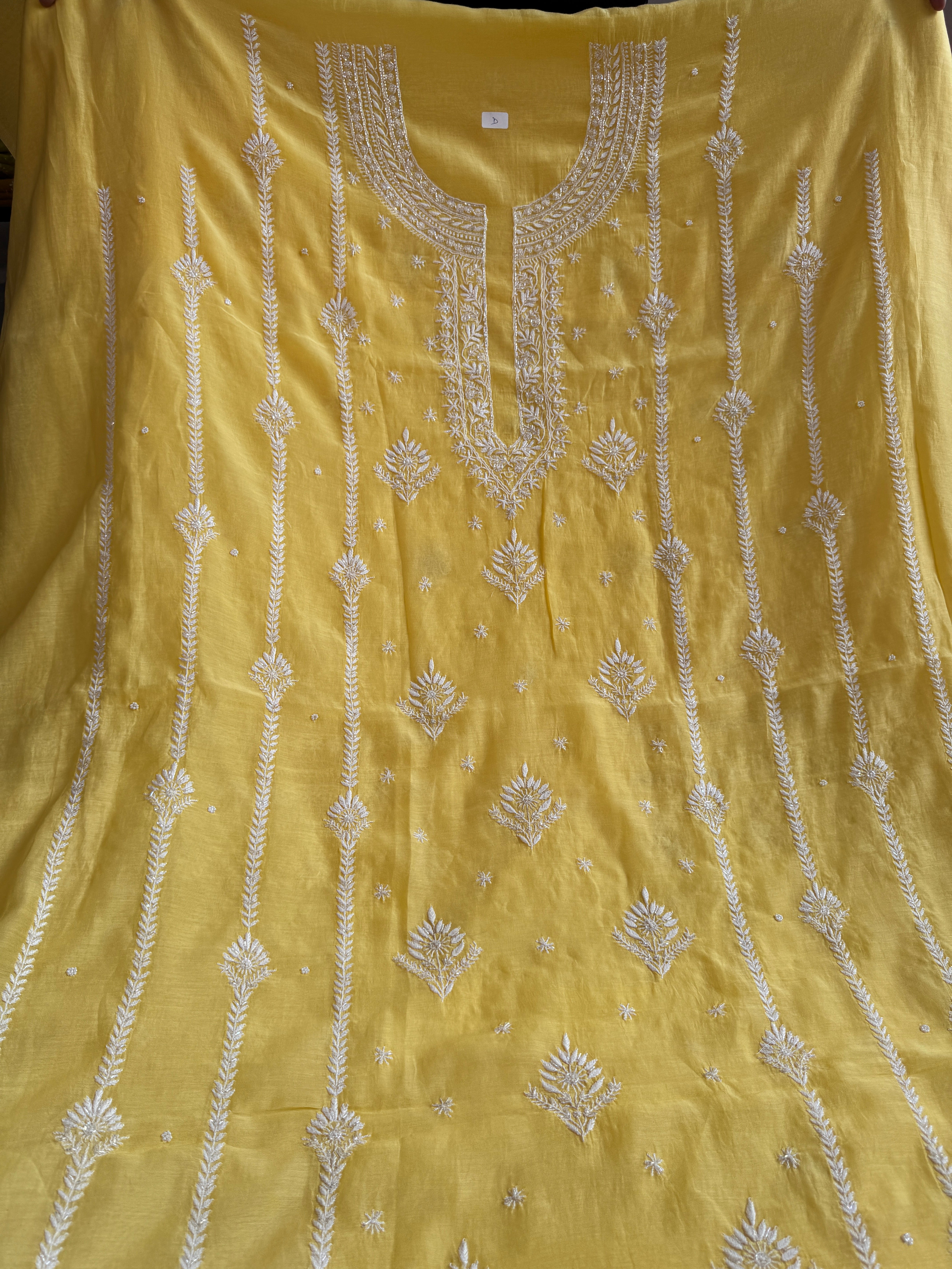 Mul Chanderi Chikankari - Unstitched Set - Yellow