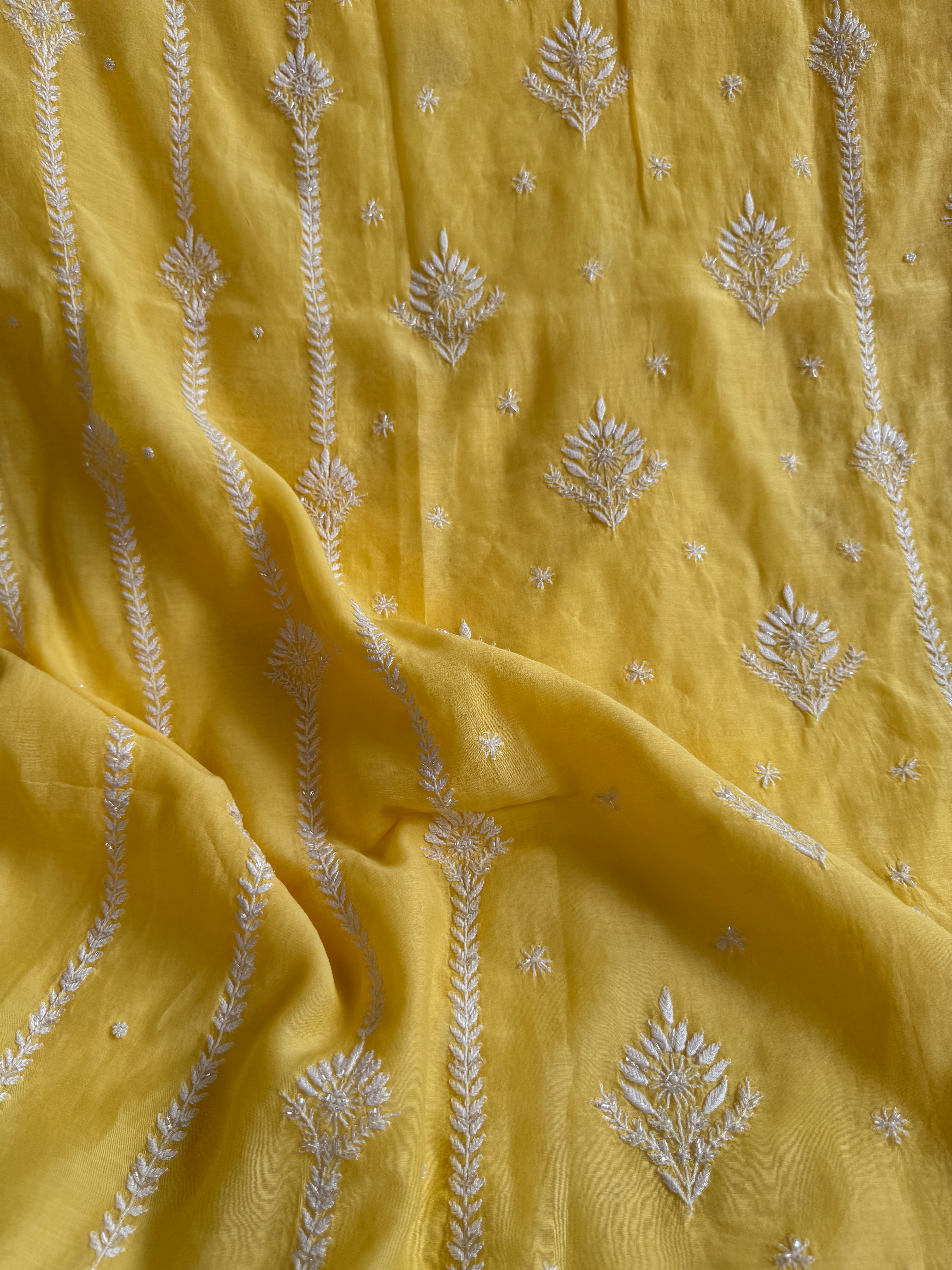 Mul Chanderi Chikankari - Unstitched Set - Yellow