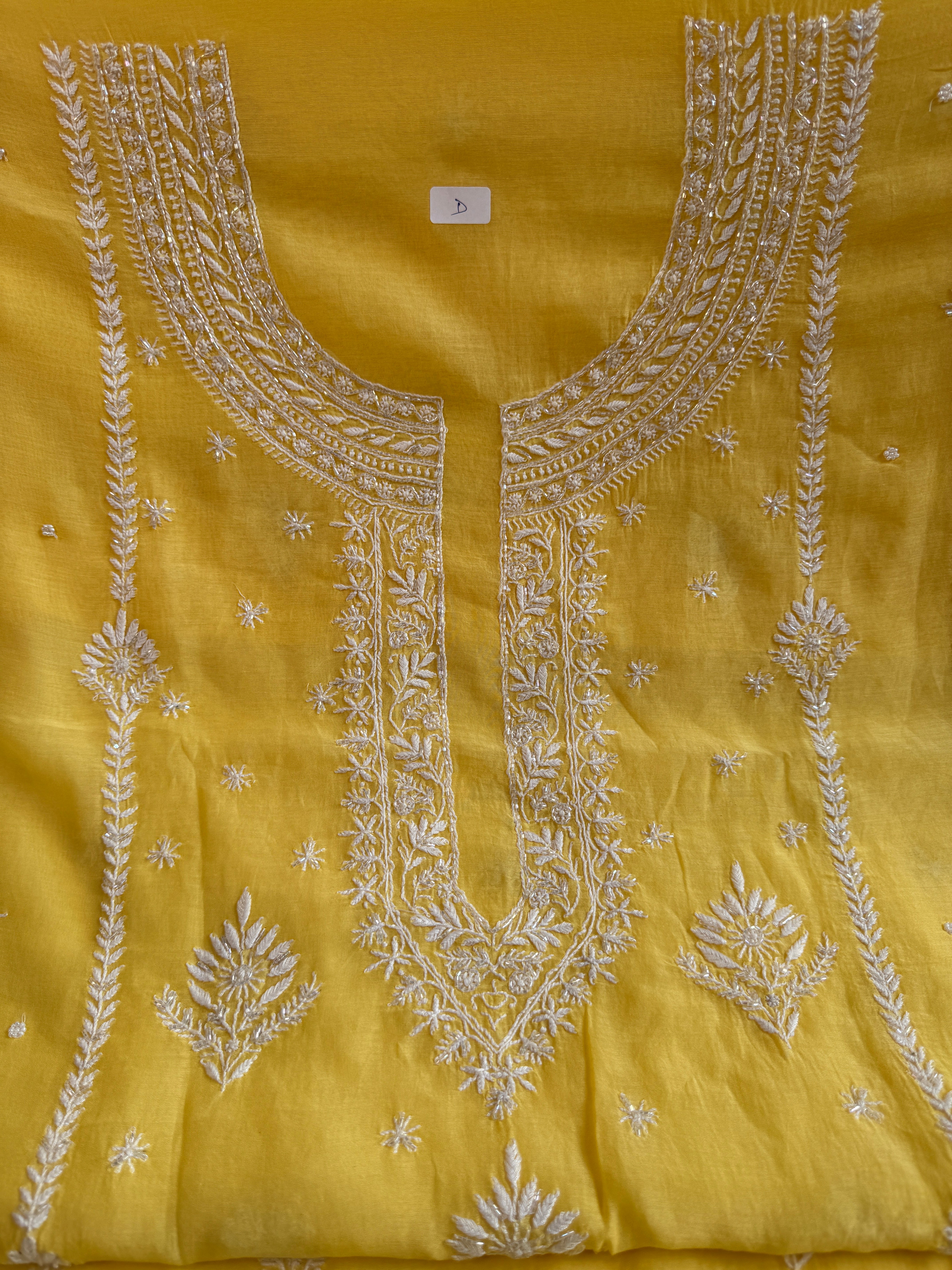 Mul Chanderi Chikankari - Unstitched Set - Yellow