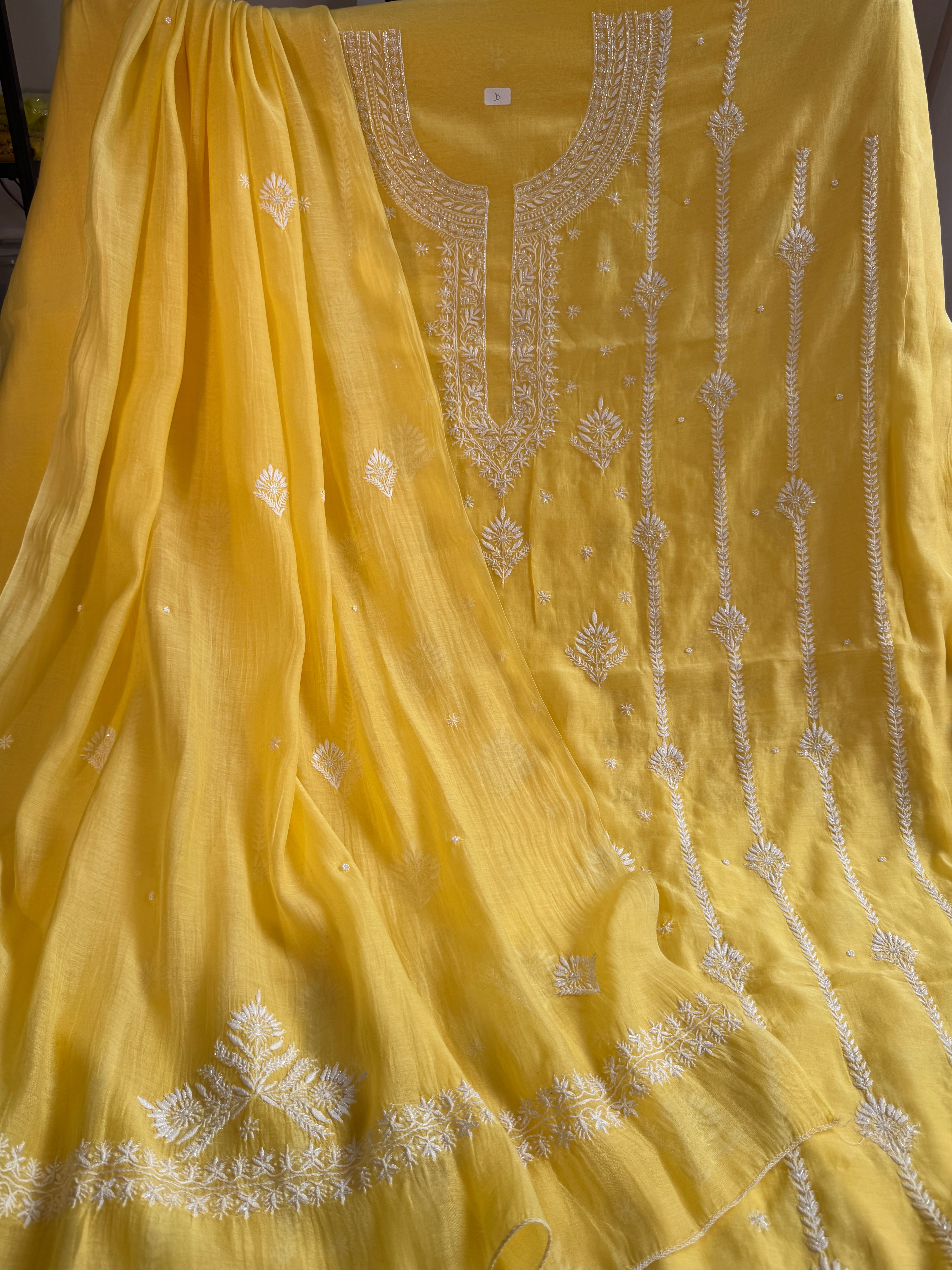 Mul Chanderi Chikankari - Unstitched Set - Yellow