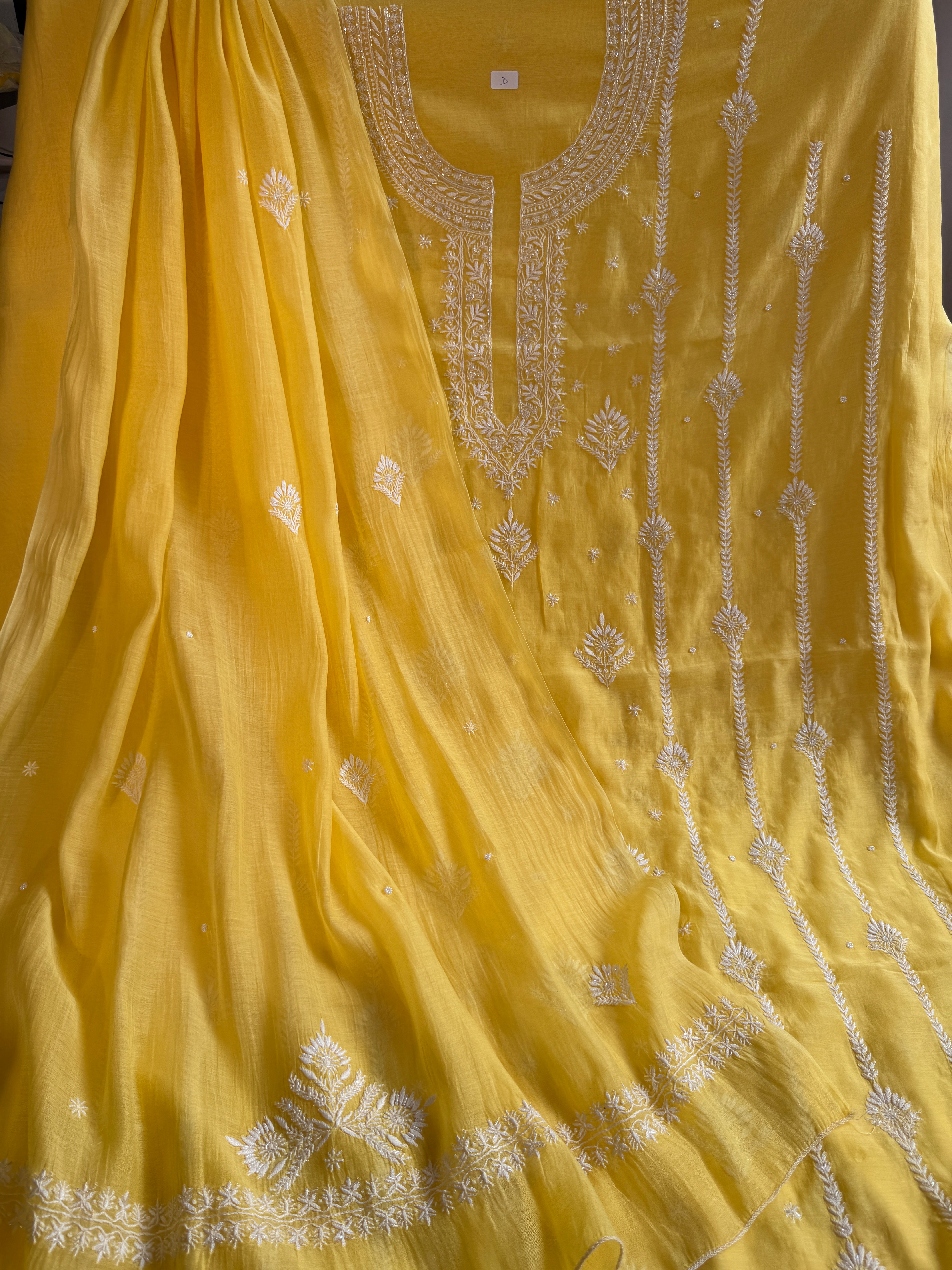 Mul Chanderi Chikankari - Unstitched Set - Yellow