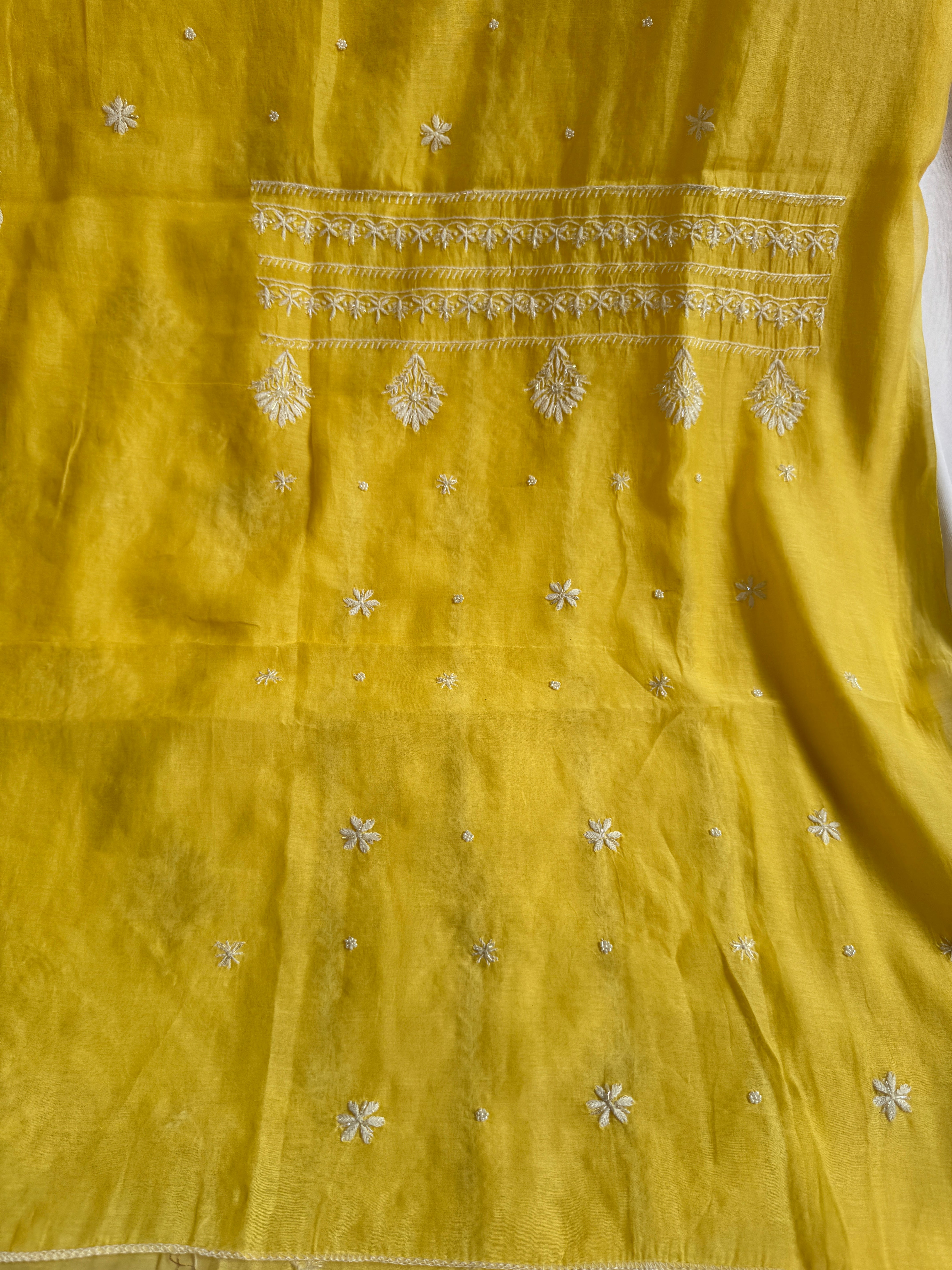 Mul Chanderi Chikankari - Unstitched Set - Yellow