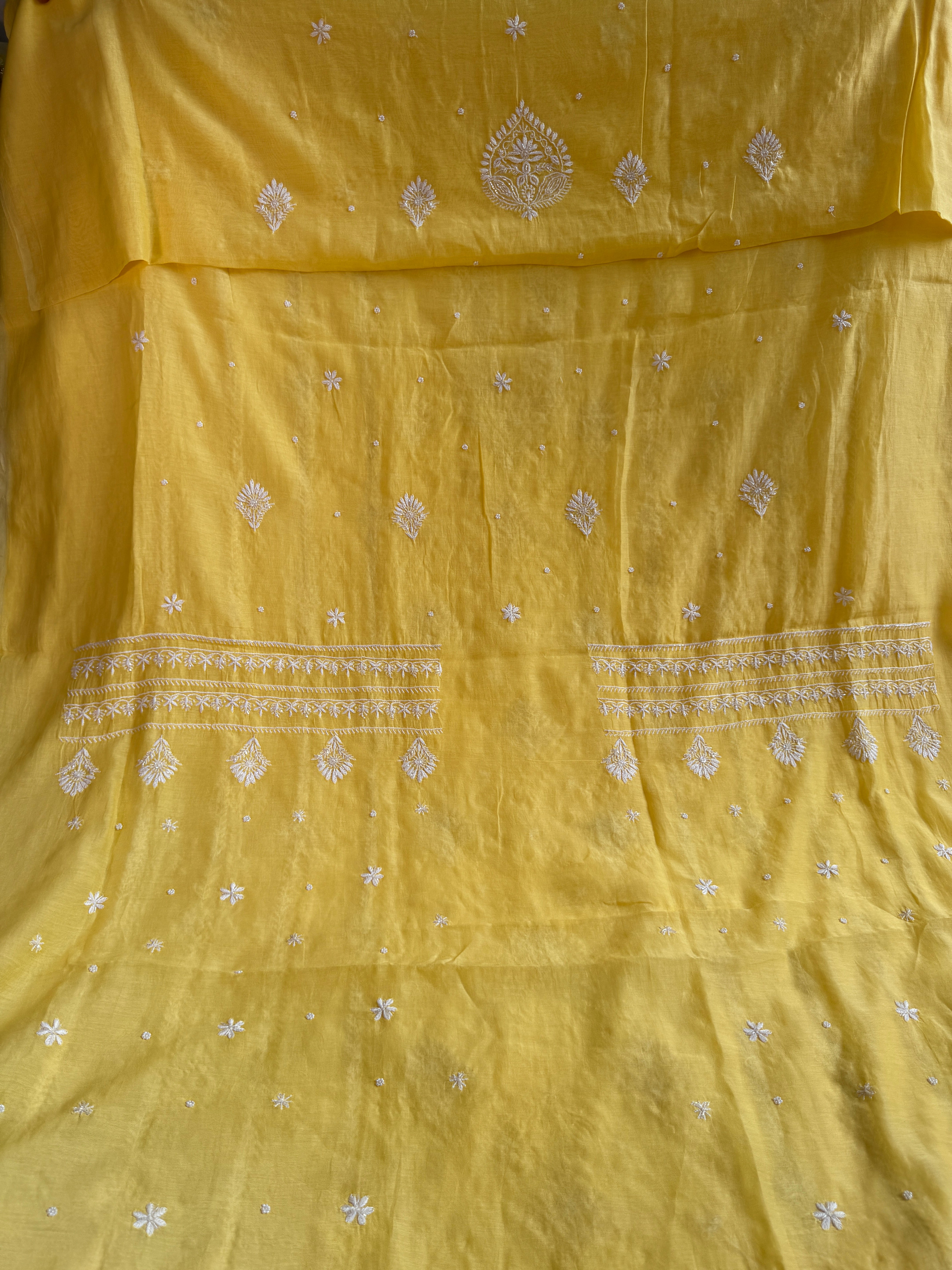 Mul Chanderi Chikankari - Unstitched Set - Yellow