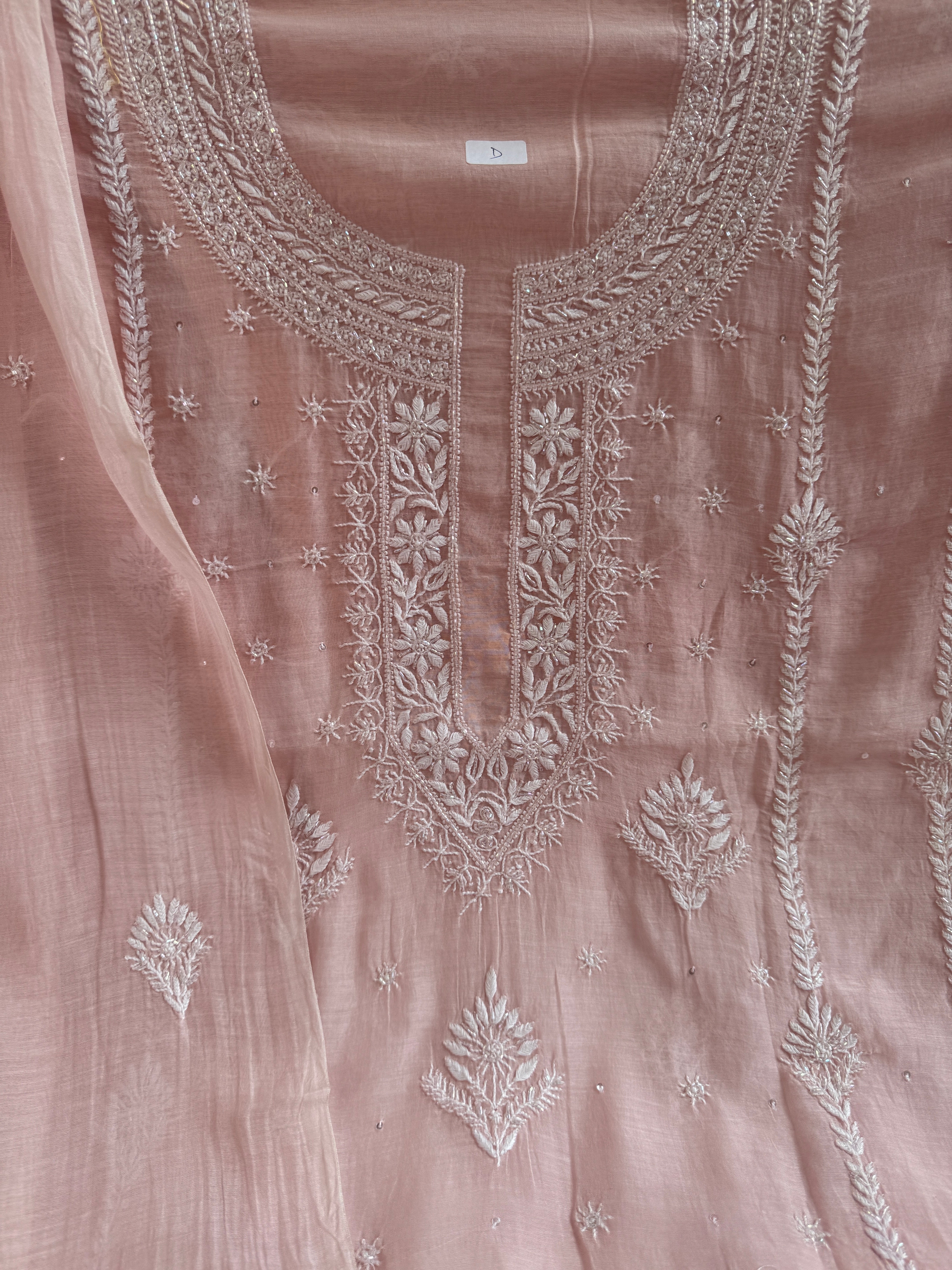 Mul Chanderi Chikankari - Unstitched Set - Pale Pink