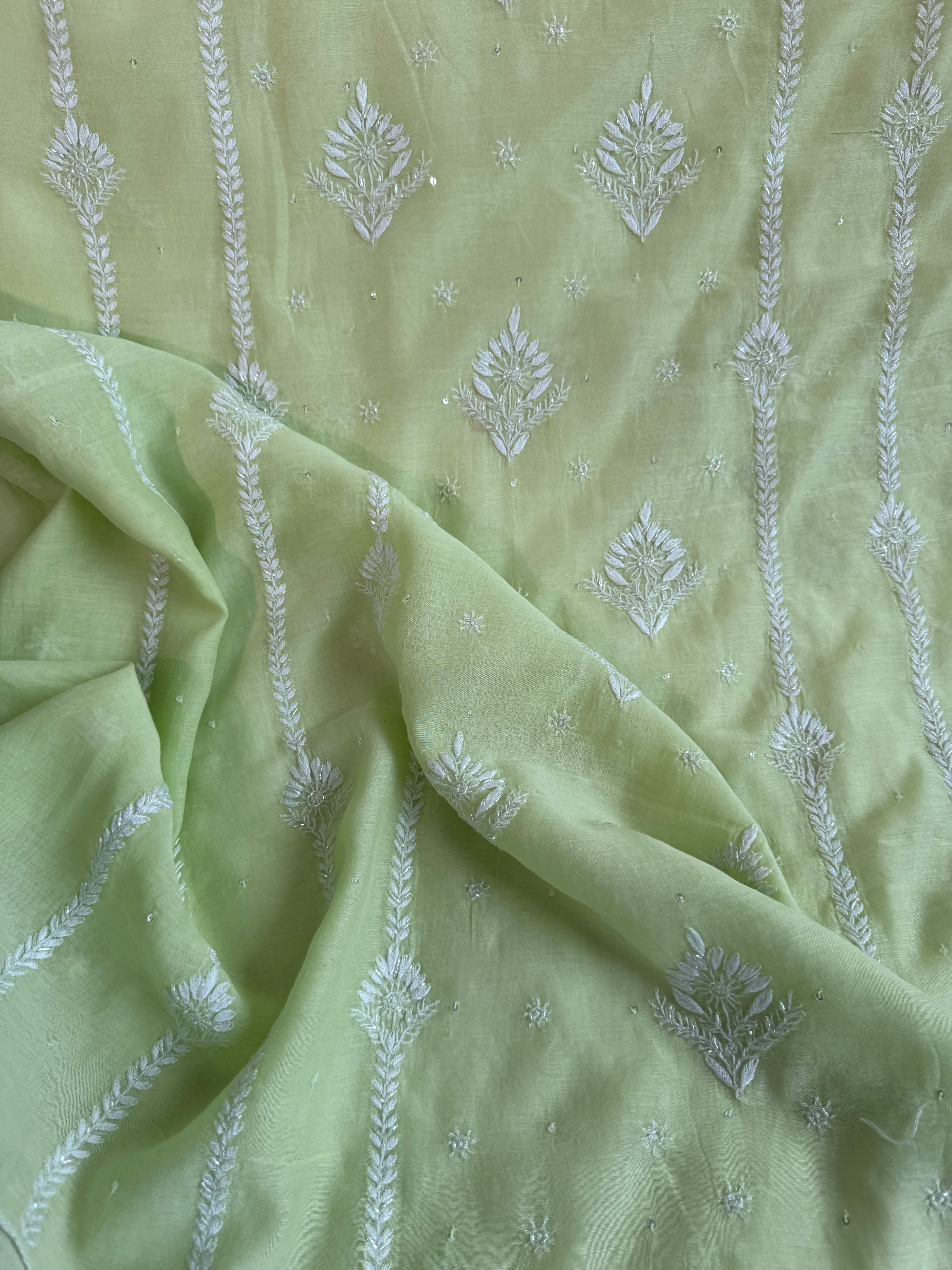 Mul Chanderi Chikankari - Unstitched Set - Green