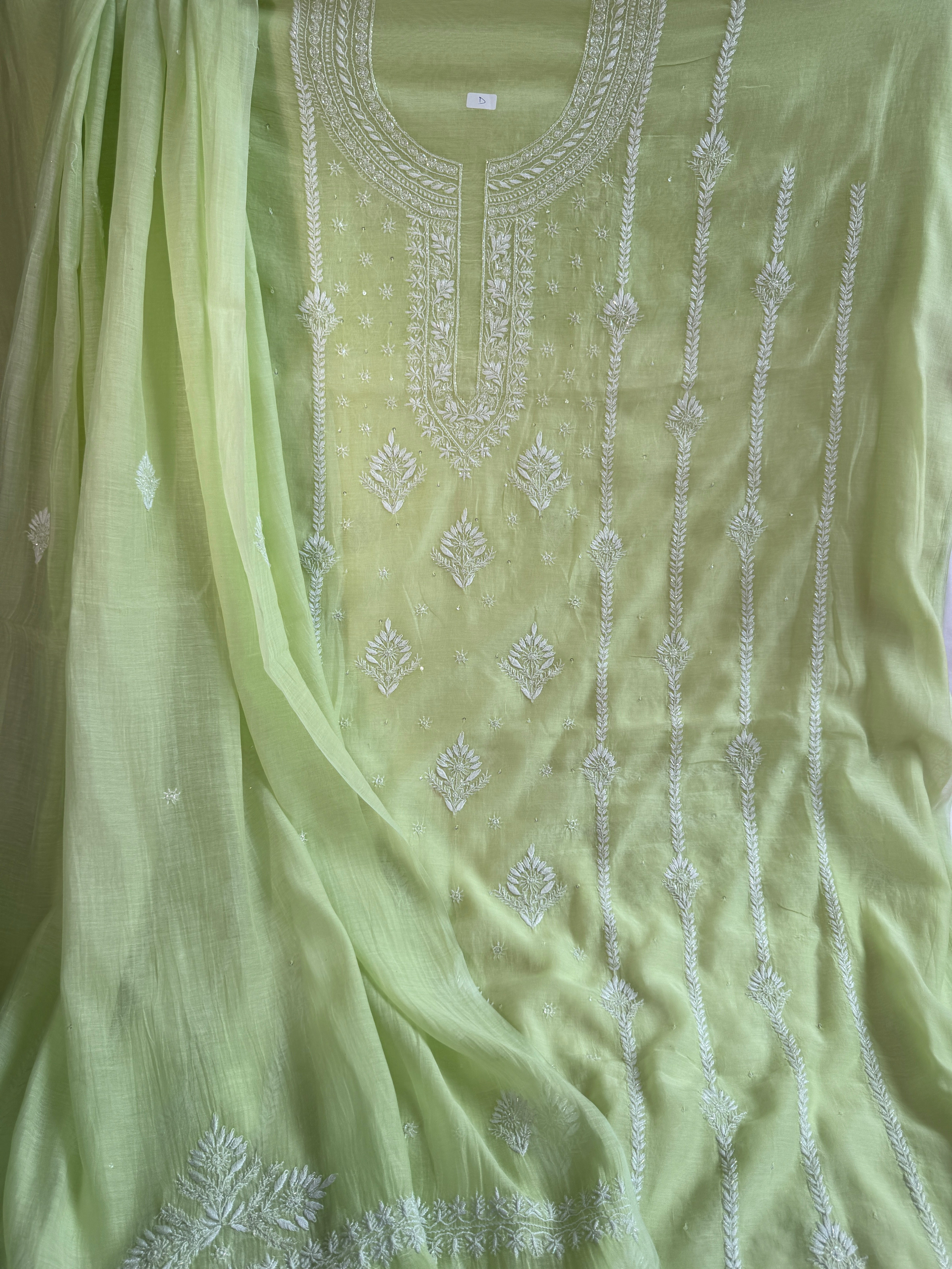 Mul Chanderi Chikankari - Unstitched Set - Green