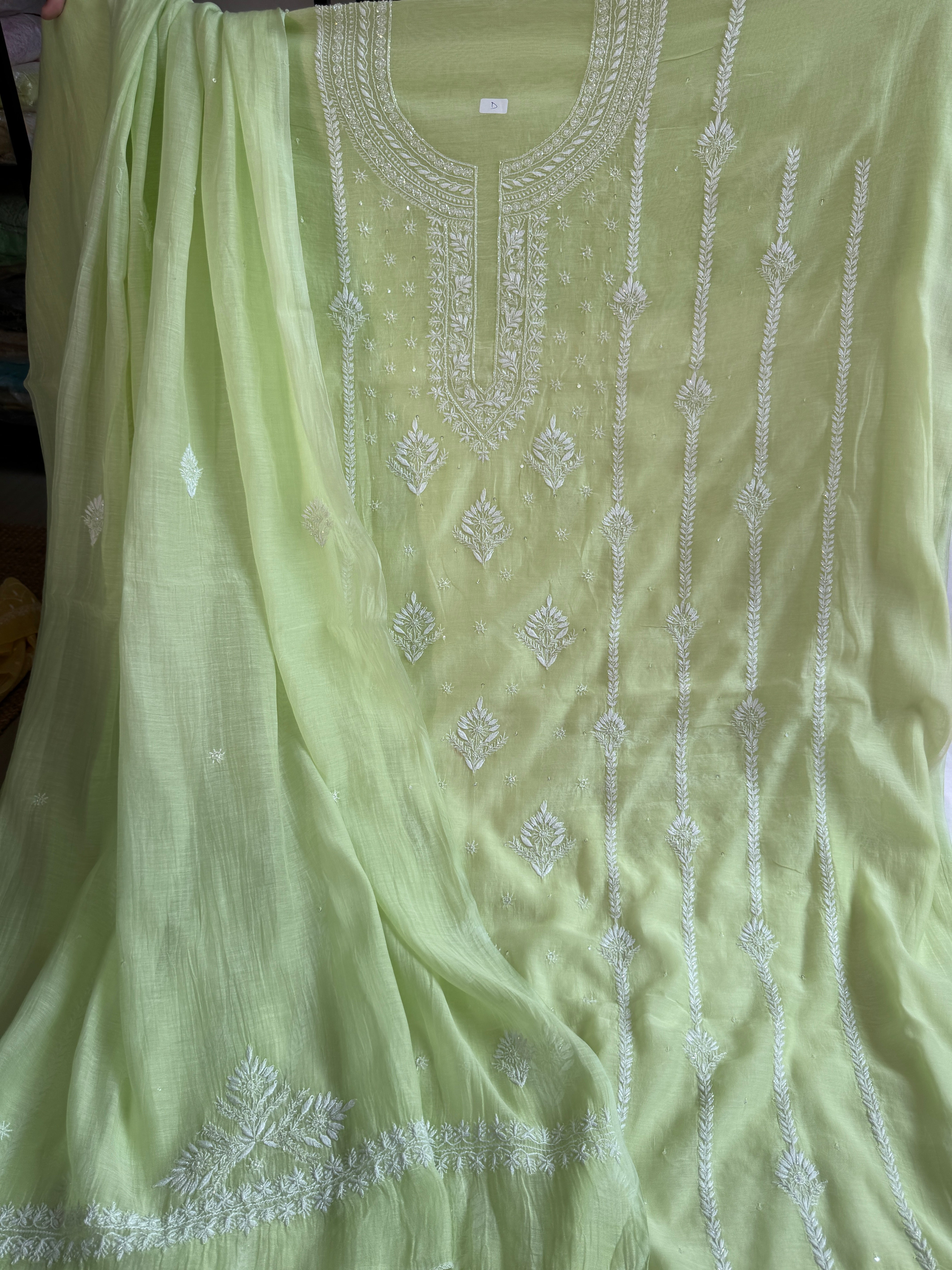 Mul Chanderi Chikankari - Unstitched Set - Green