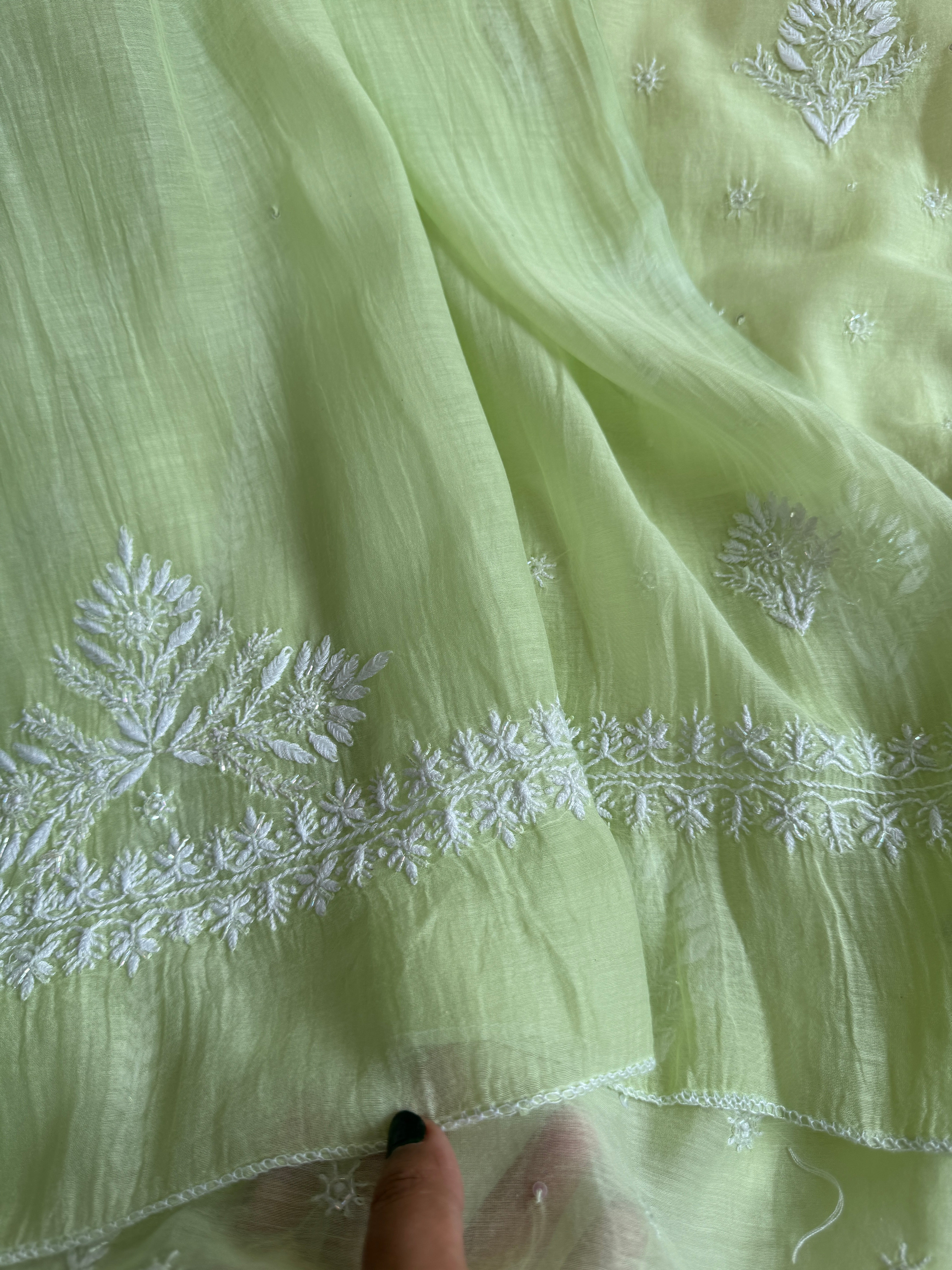Mul Chanderi Chikankari - Unstitched Set - Green
