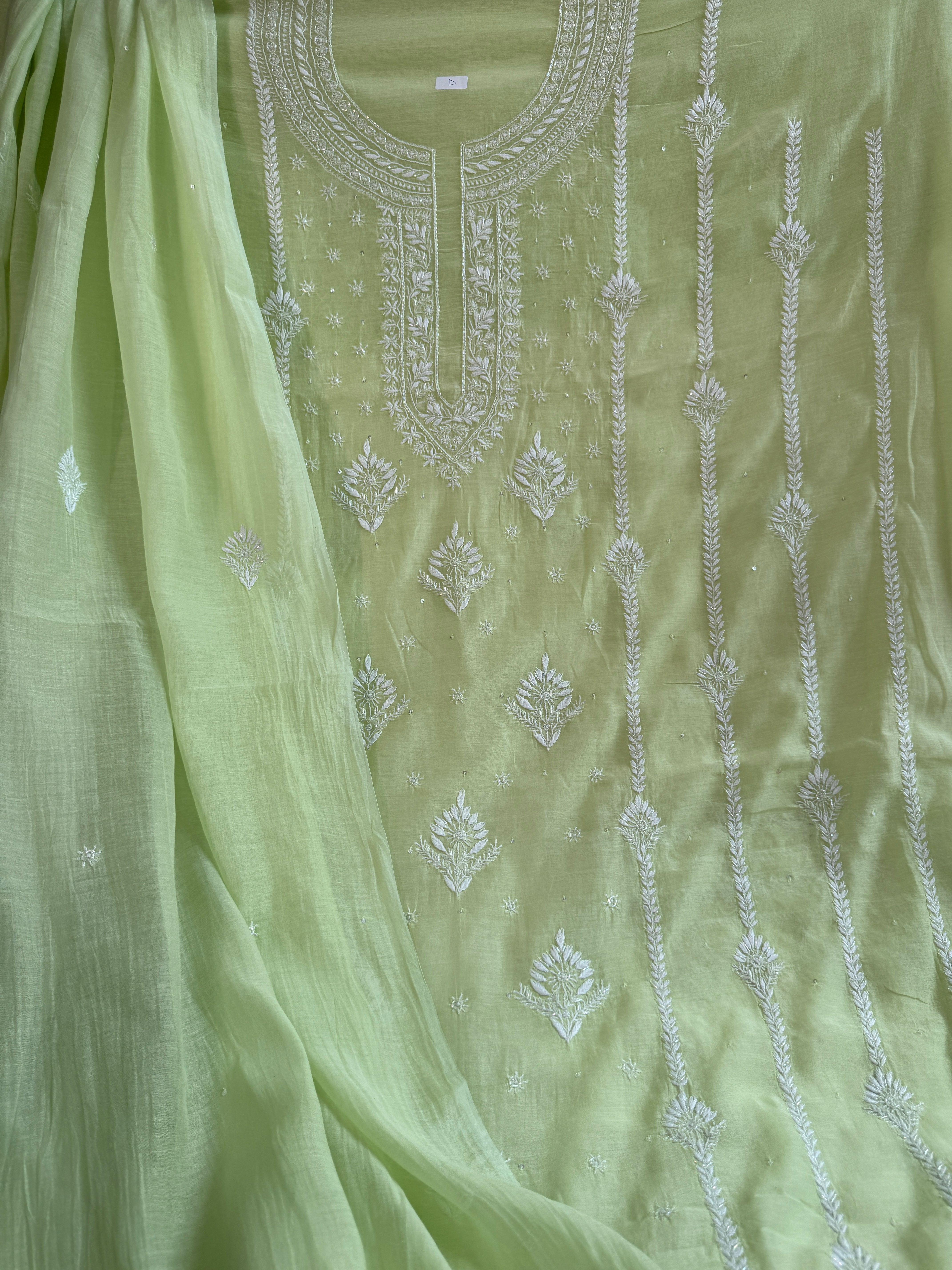Mul Chanderi Chikankari - Unstitched Set - Green