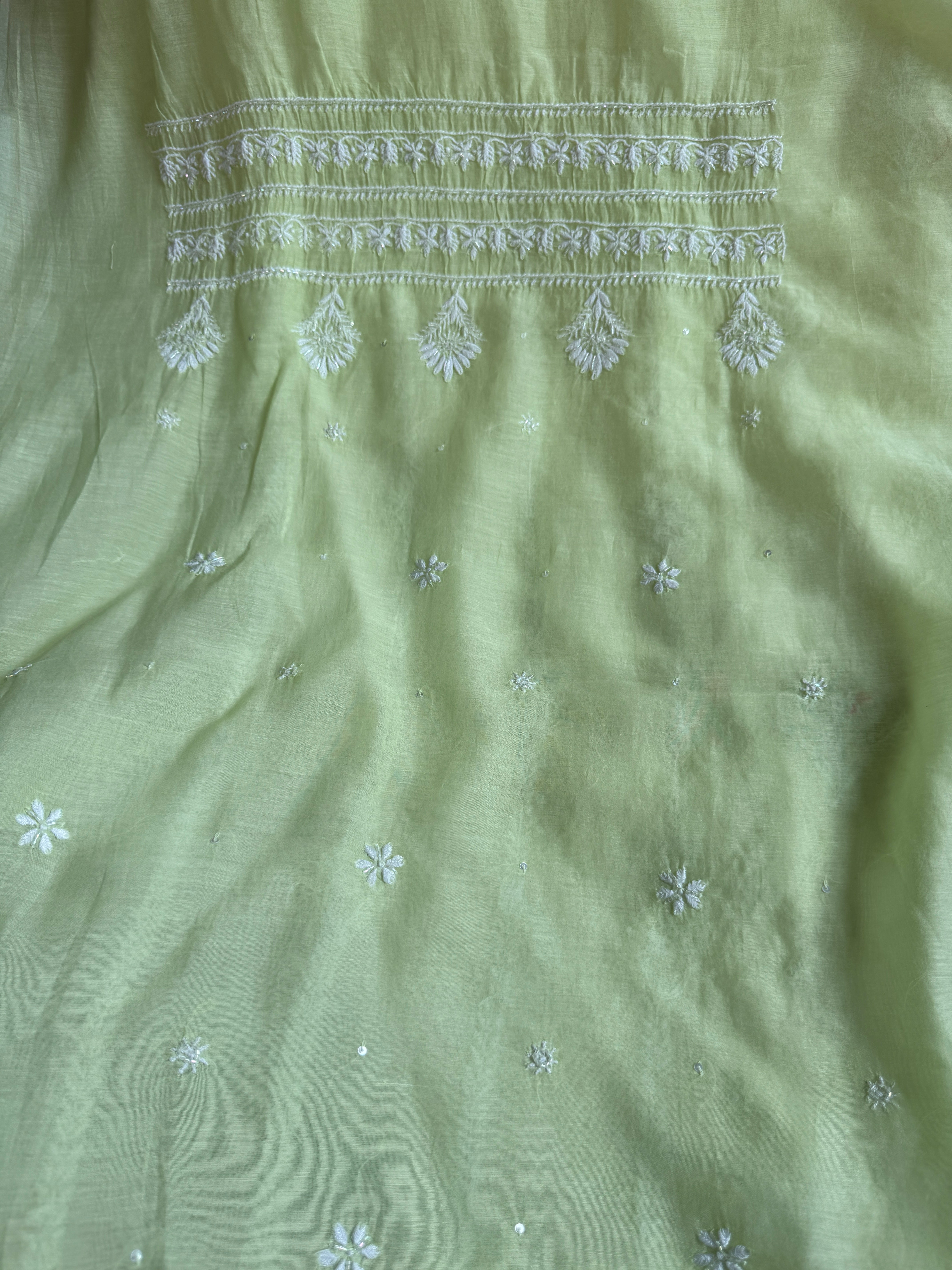 Mul Chanderi Chikankari - Unstitched Set - Green