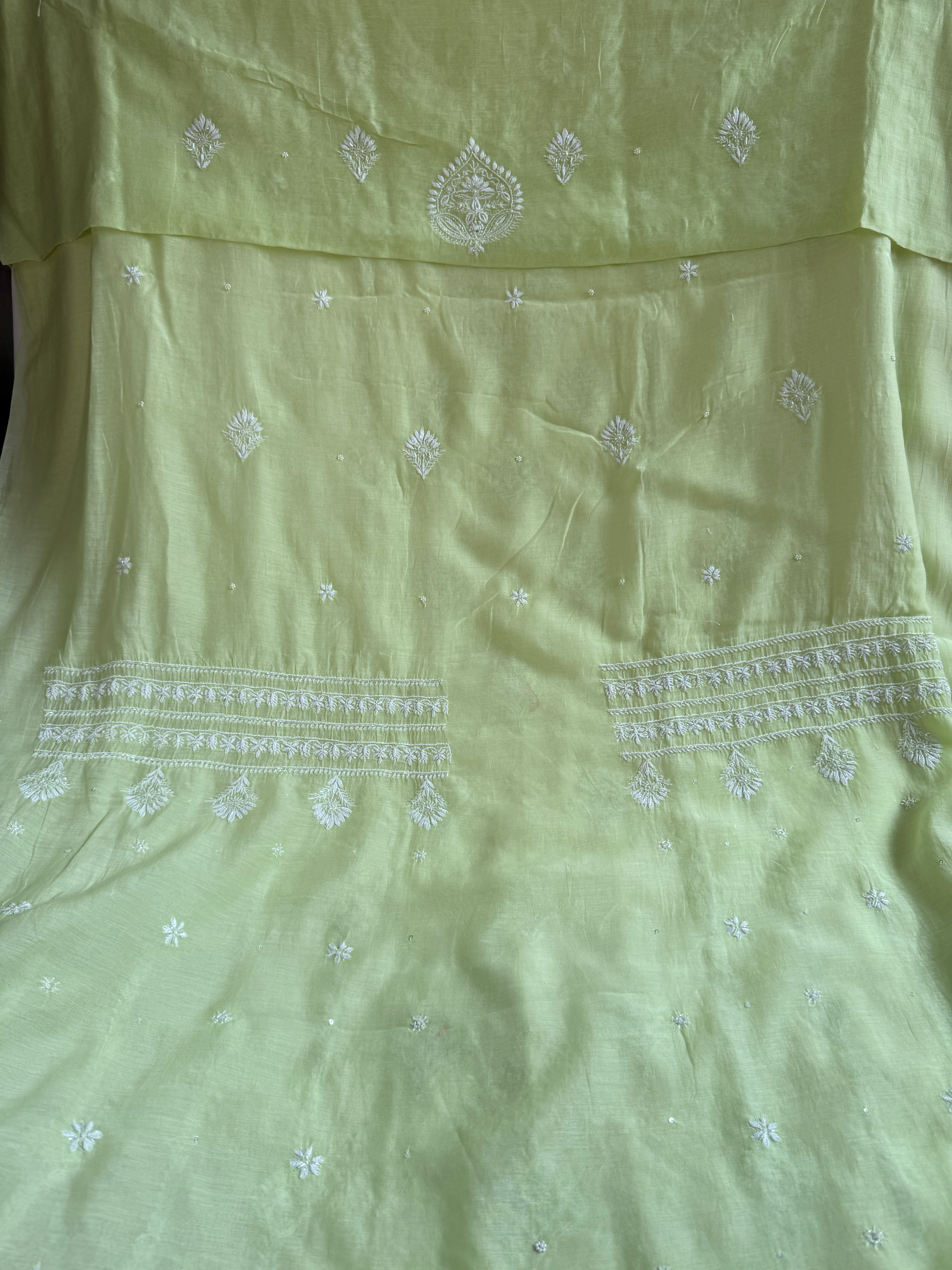 Mul Chanderi Chikankari - Unstitched Set - Green