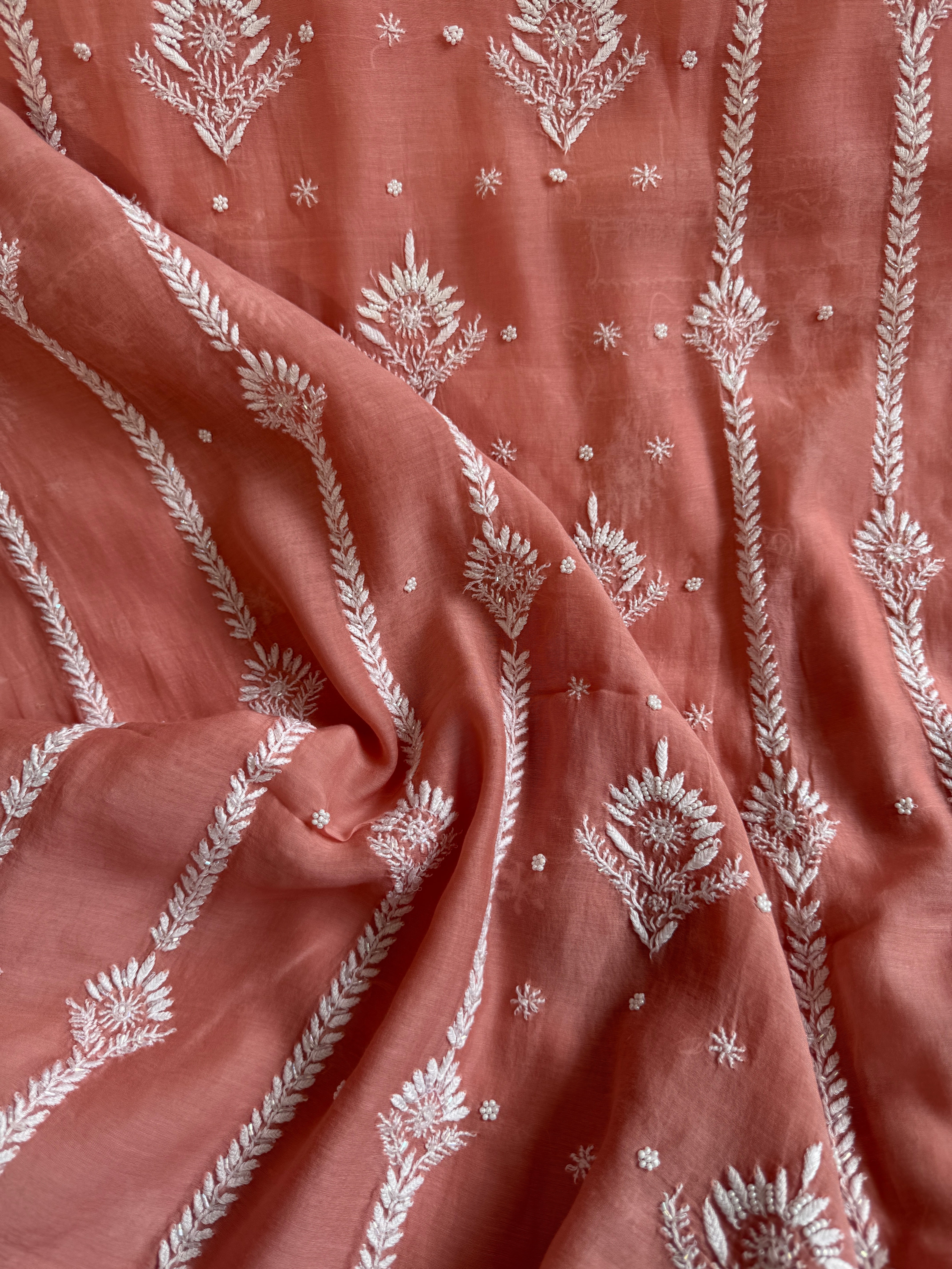 Mul Chanderi Chikankari - Unstitched Set - Rosewood