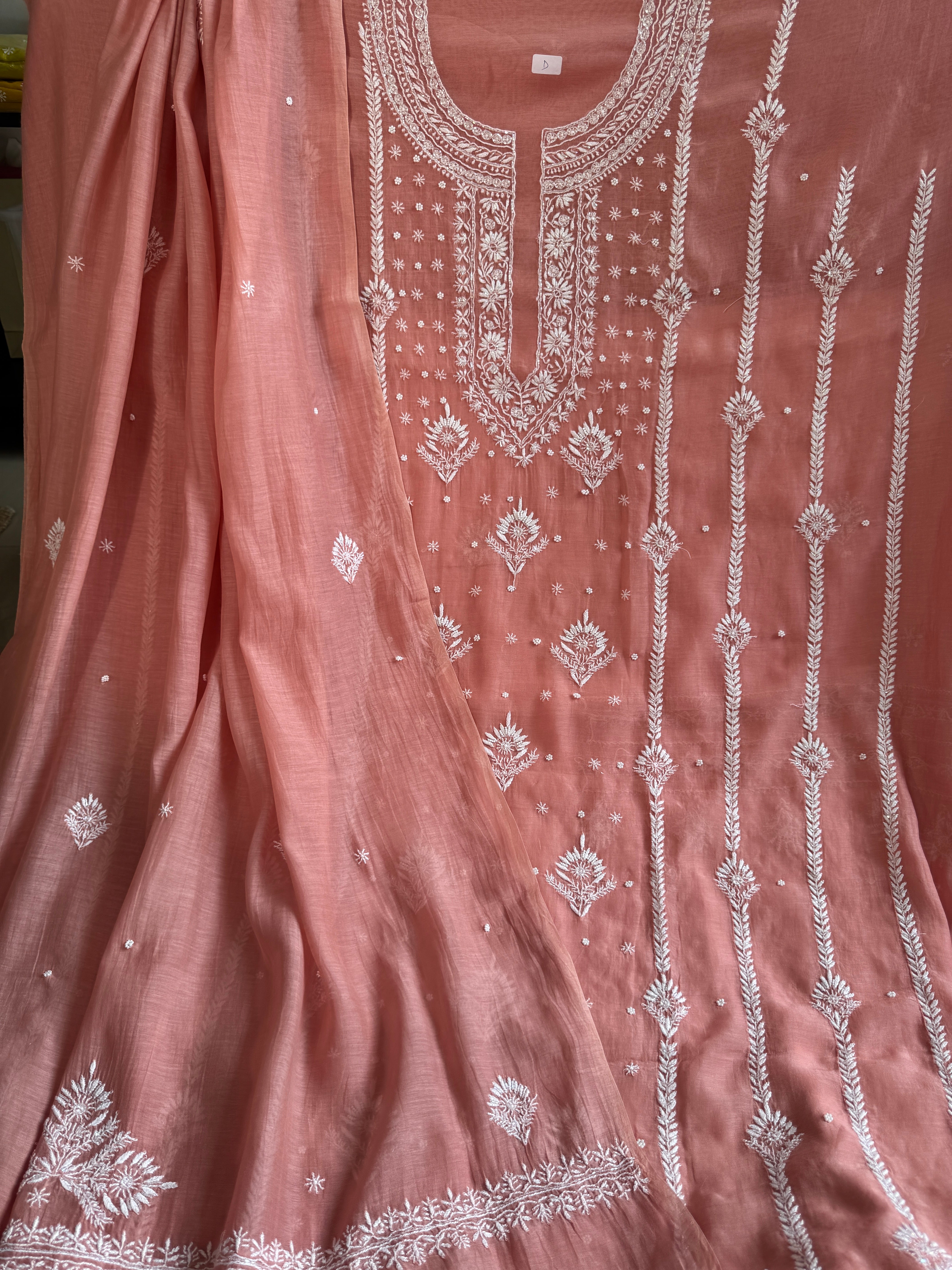 Mul Chanderi Chikankari - Unstitched Set - Rosewood