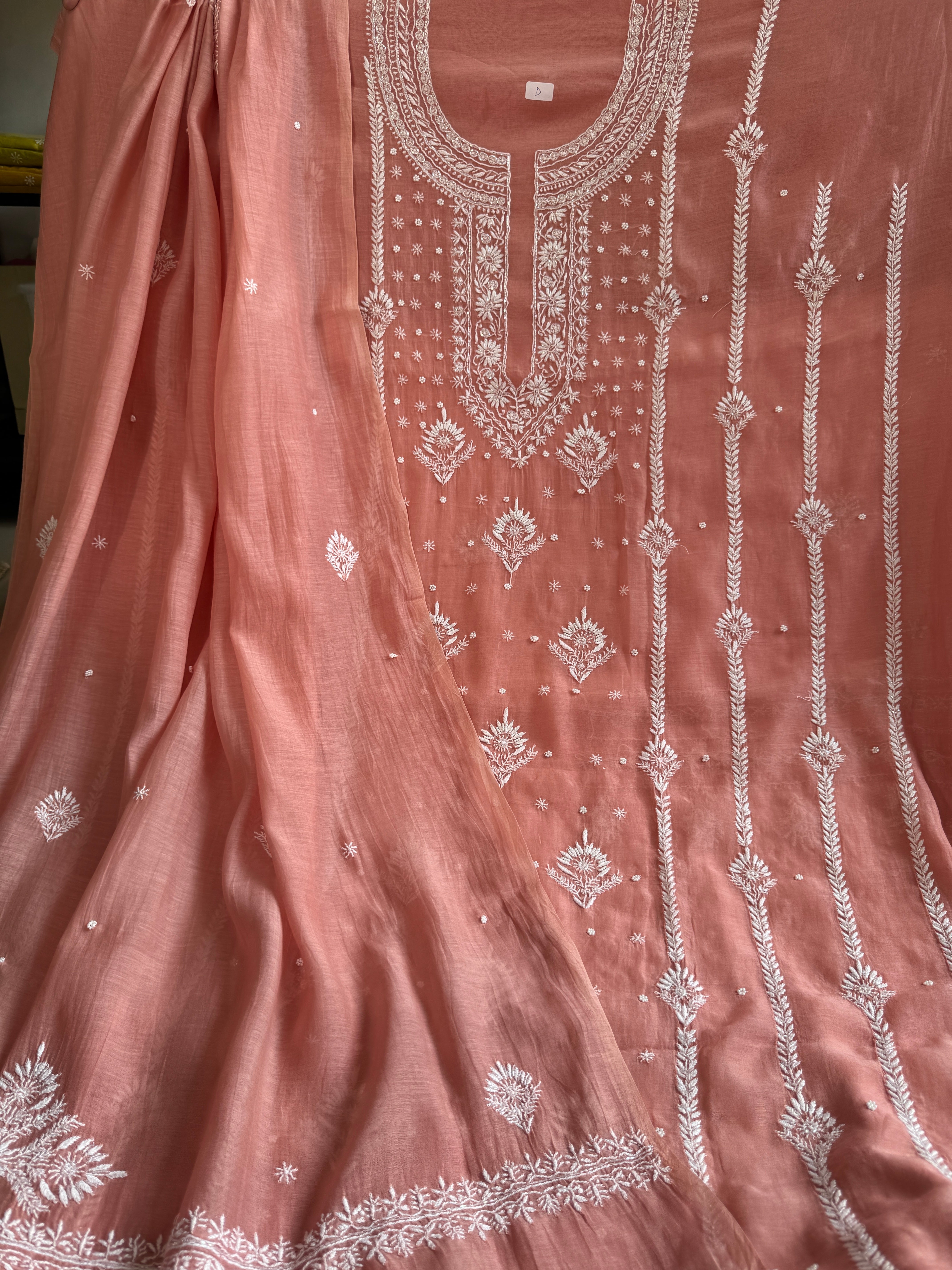 Mul Chanderi Chikankari - Unstitched Set - Rosewood
