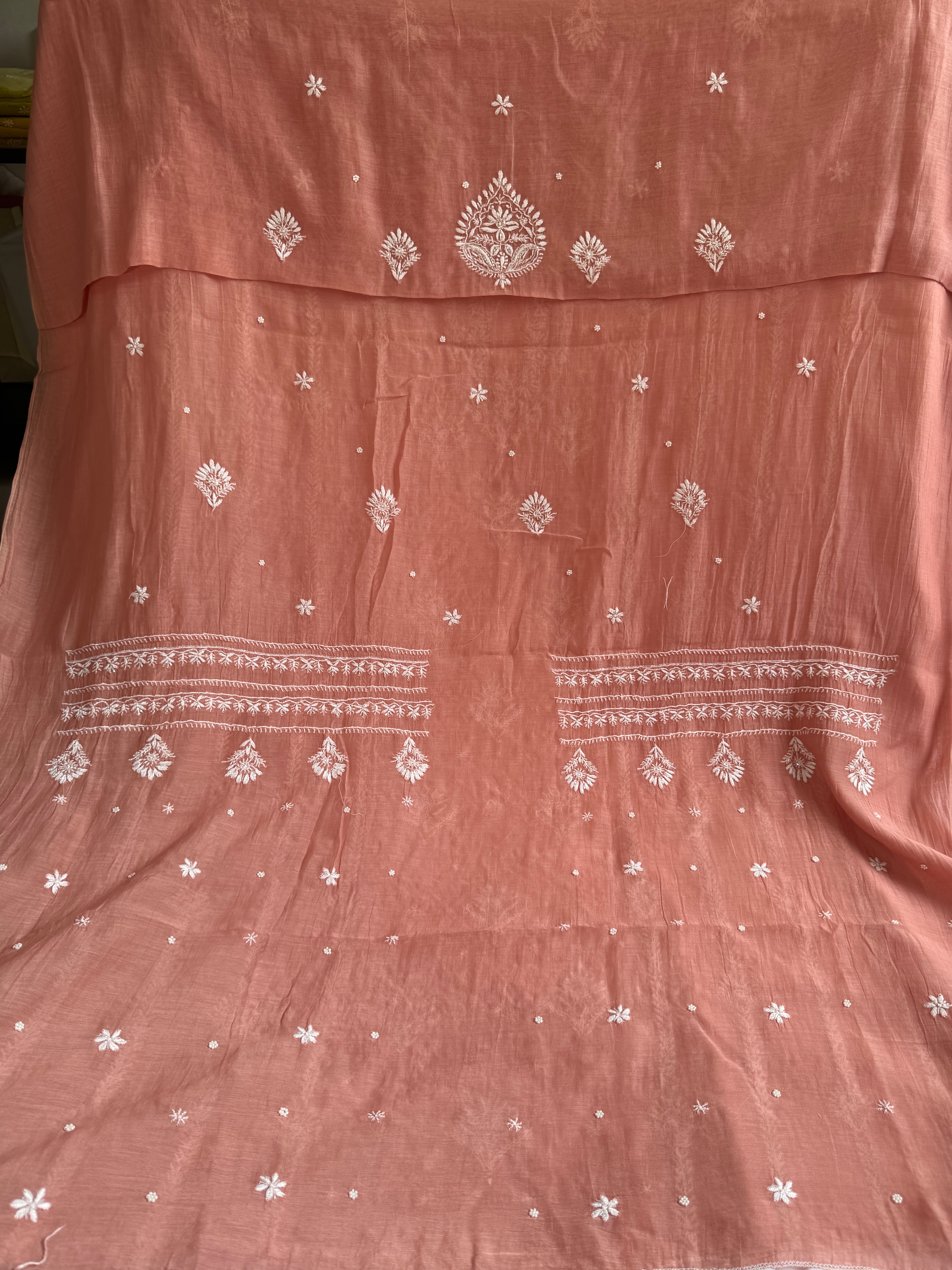 Mul Chanderi Chikankari - Unstitched Set - Rosewood