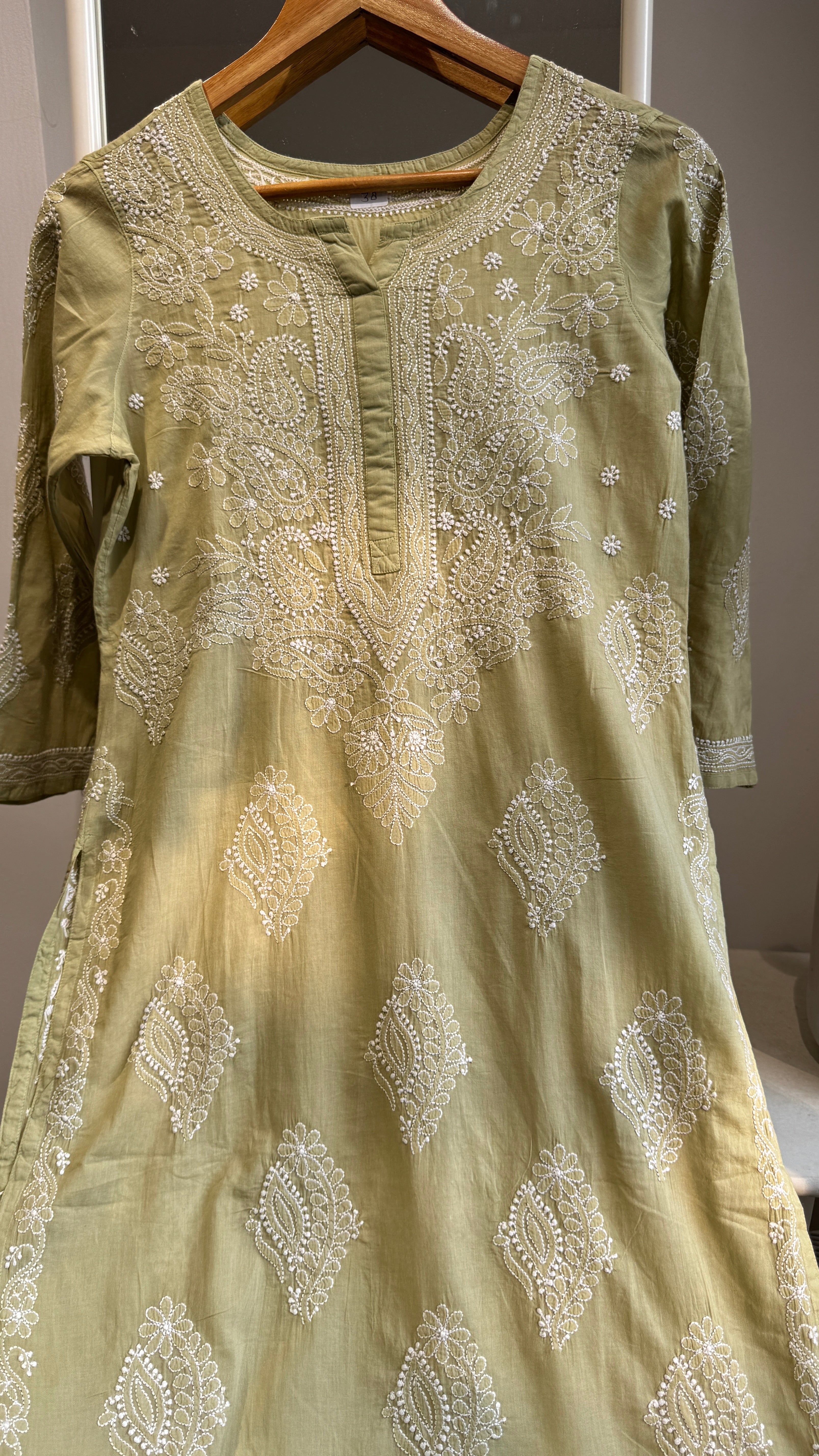 Mul Cotton Sheen Green Chikankari Kurti - Saaz Collection