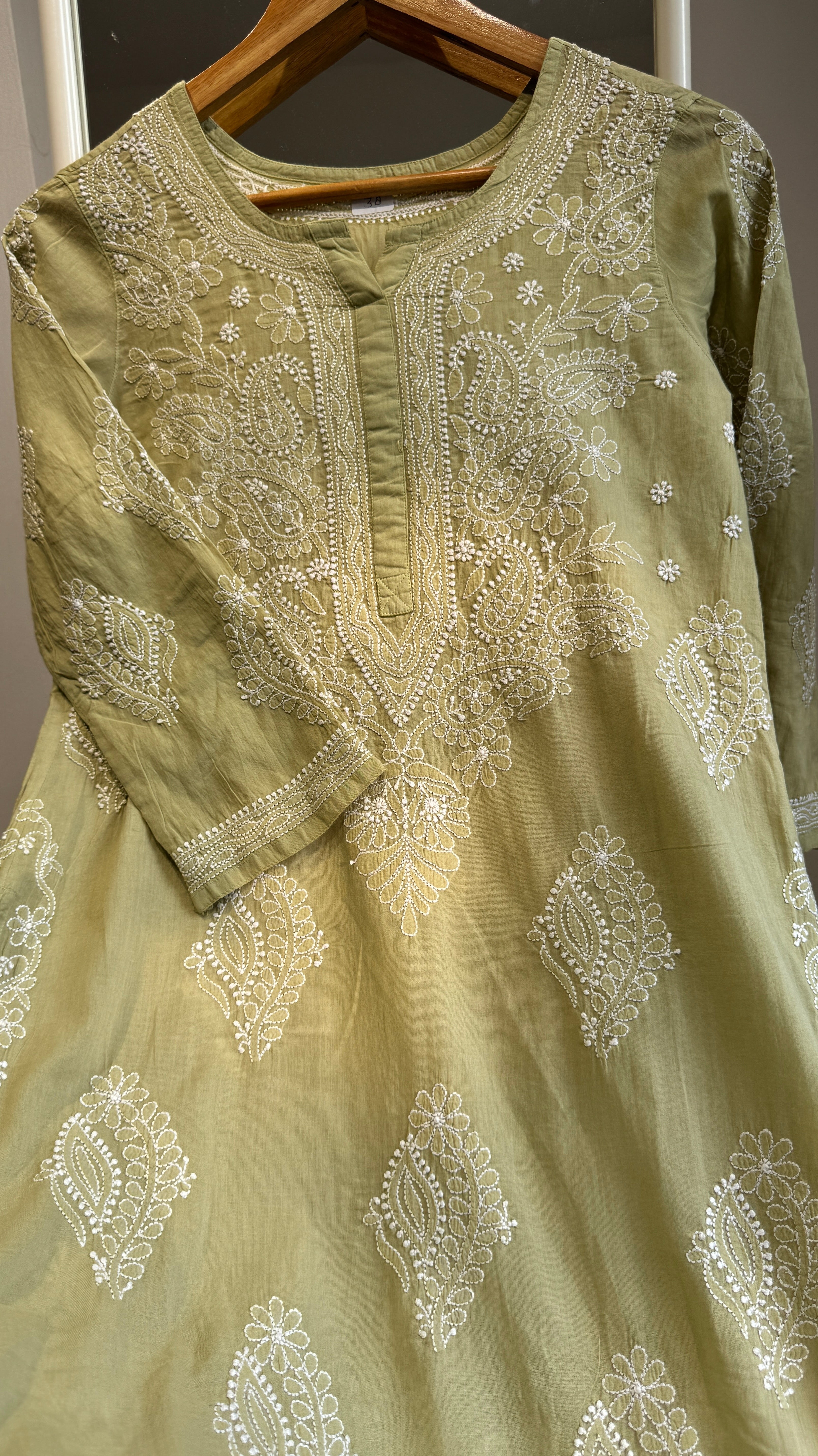 Mul Cotton Sheen Green Chikankari Kurti - Saaz Collection