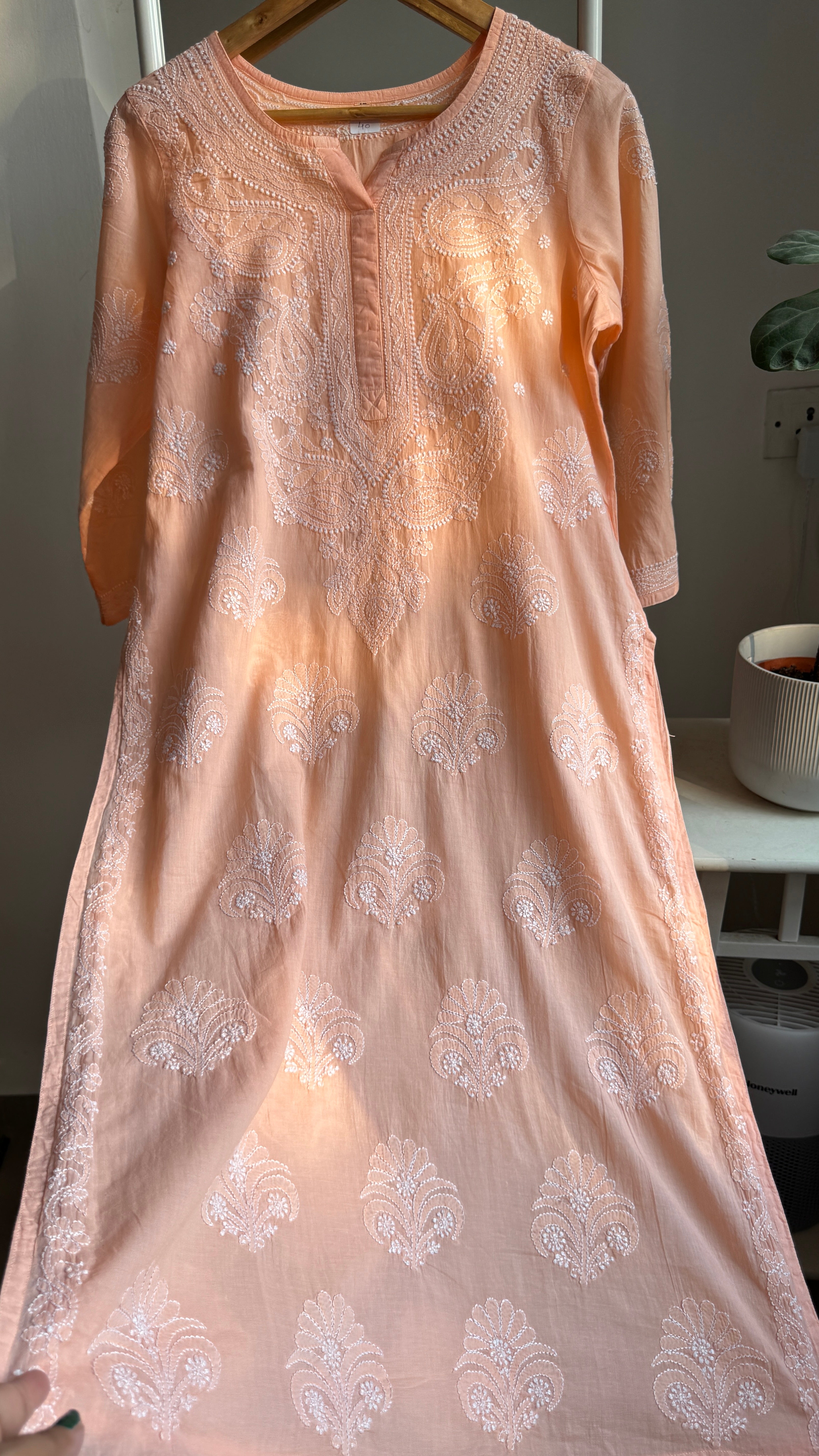Mul Cotton Peach  Chikankari Kurti - Saaz Collection