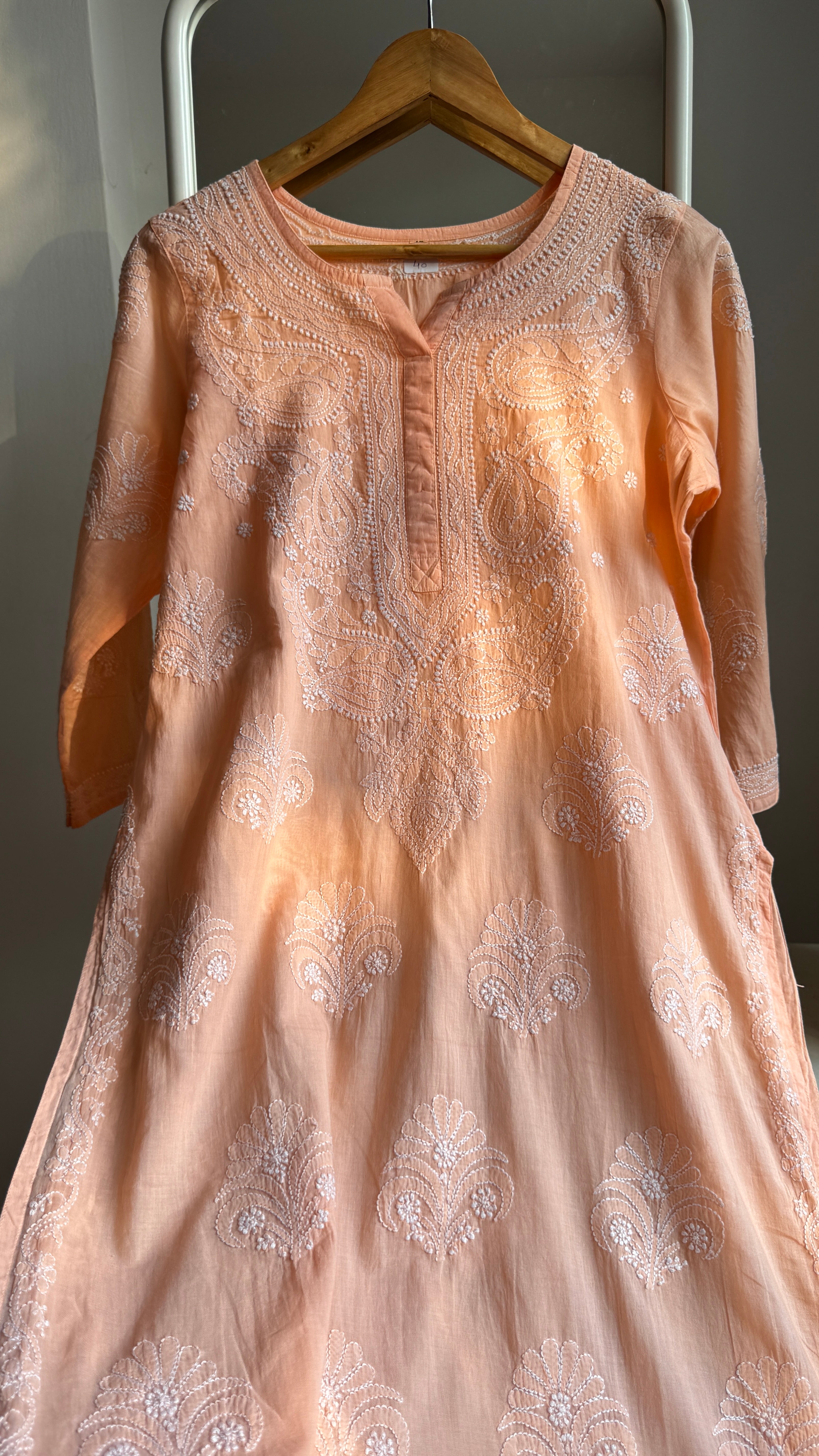 Mul Cotton Peach  Chikankari Kurti - Saaz Collection