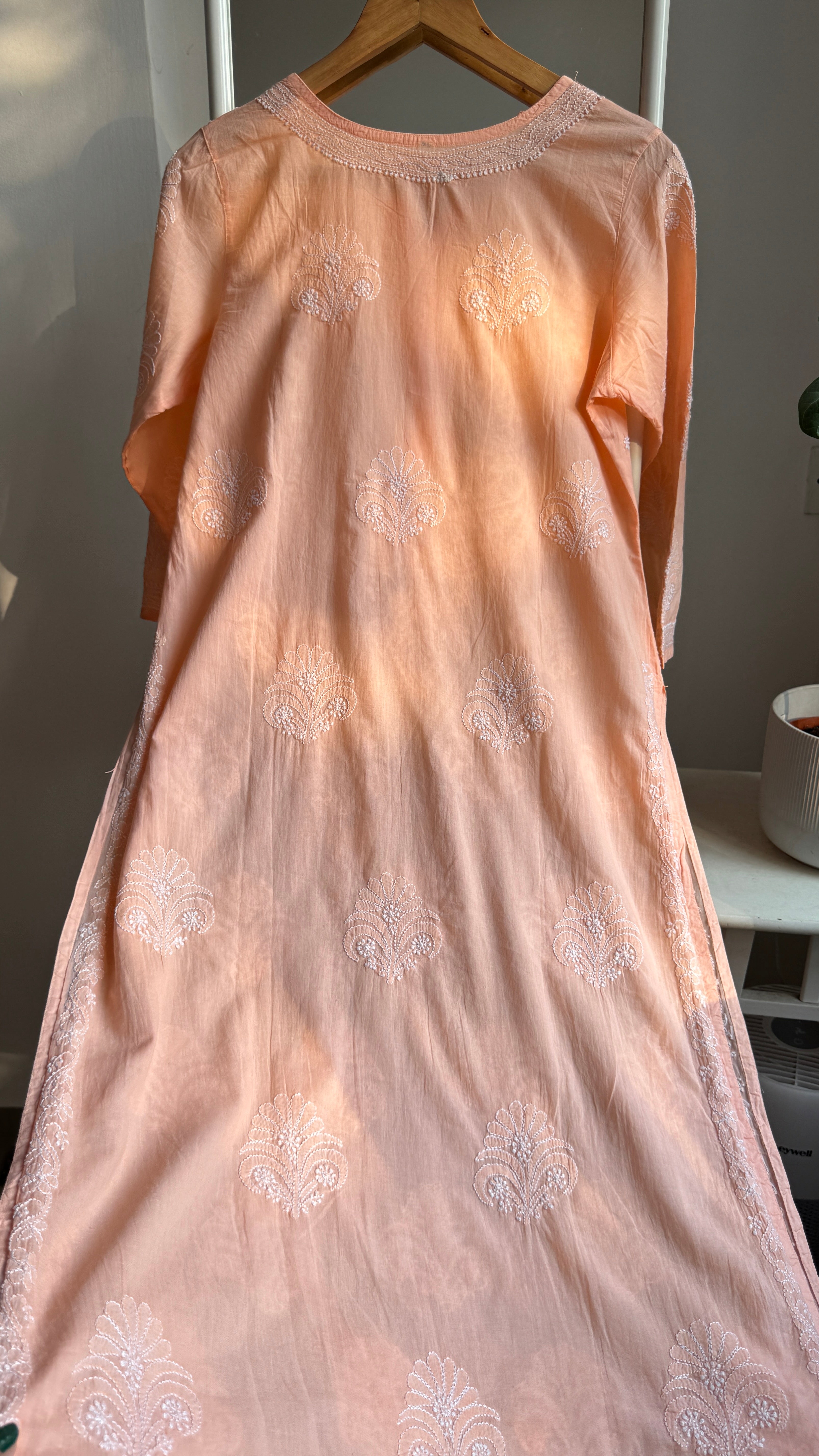 Mul Cotton Peach  Chikankari Kurti - Saaz Collection