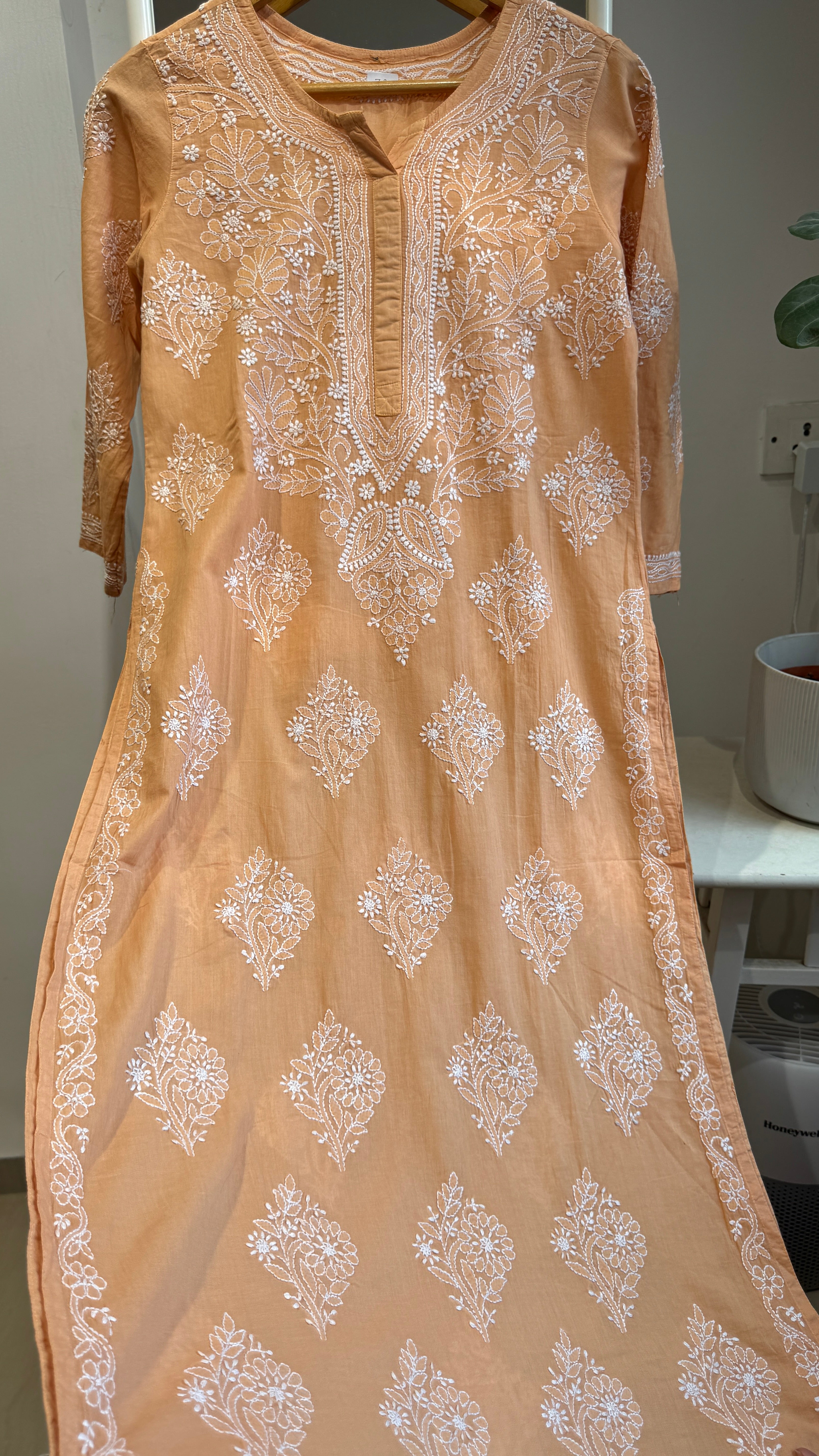 Mul Cotton Sunset Orange Chikankari Kurti - Saaz Collection
