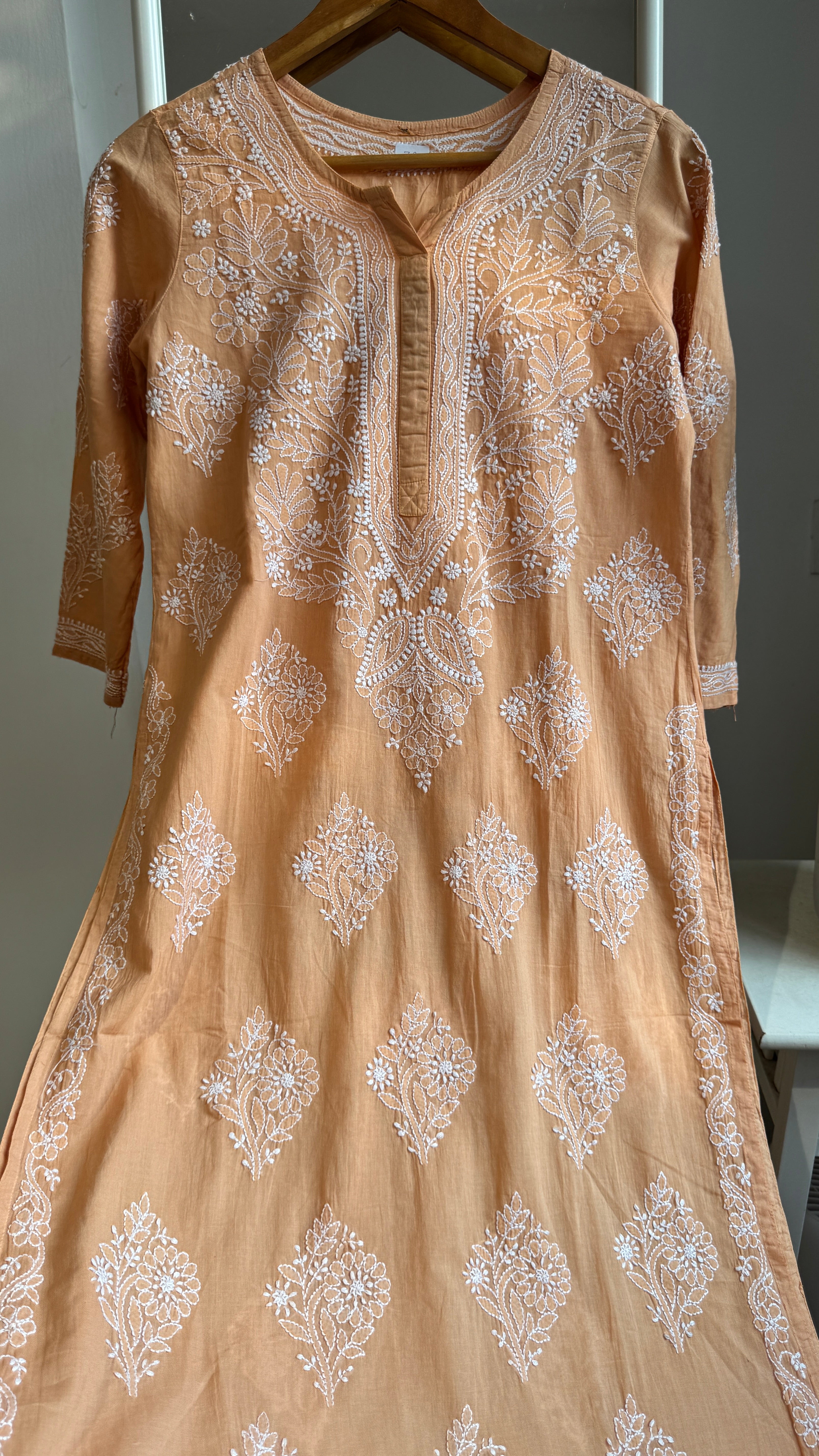 Mul Cotton Sunset Orange Chikankari Kurti - Saaz Collection