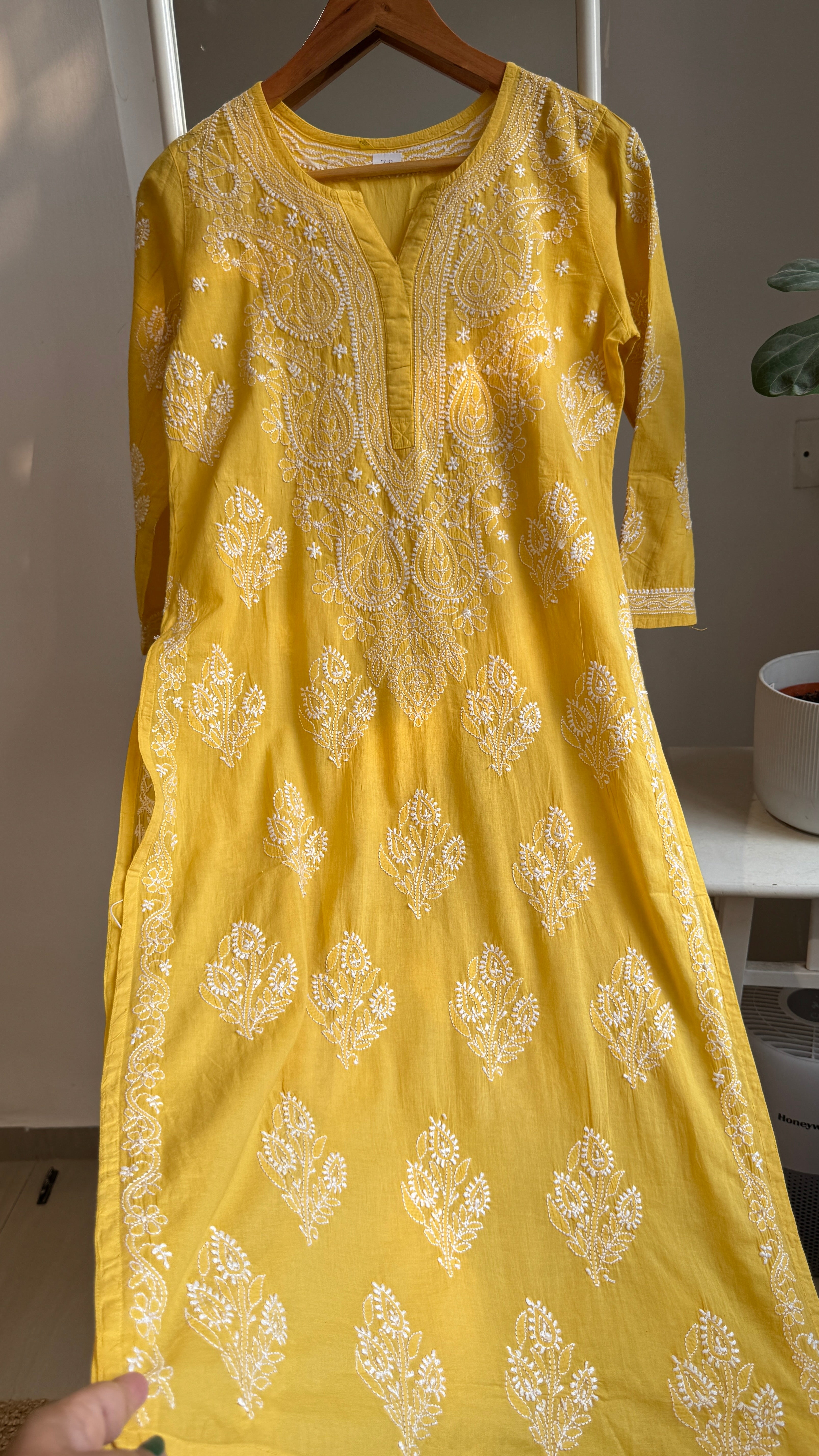 Mul Cotton Yellow Chikankari Kurti - Saaz Collection