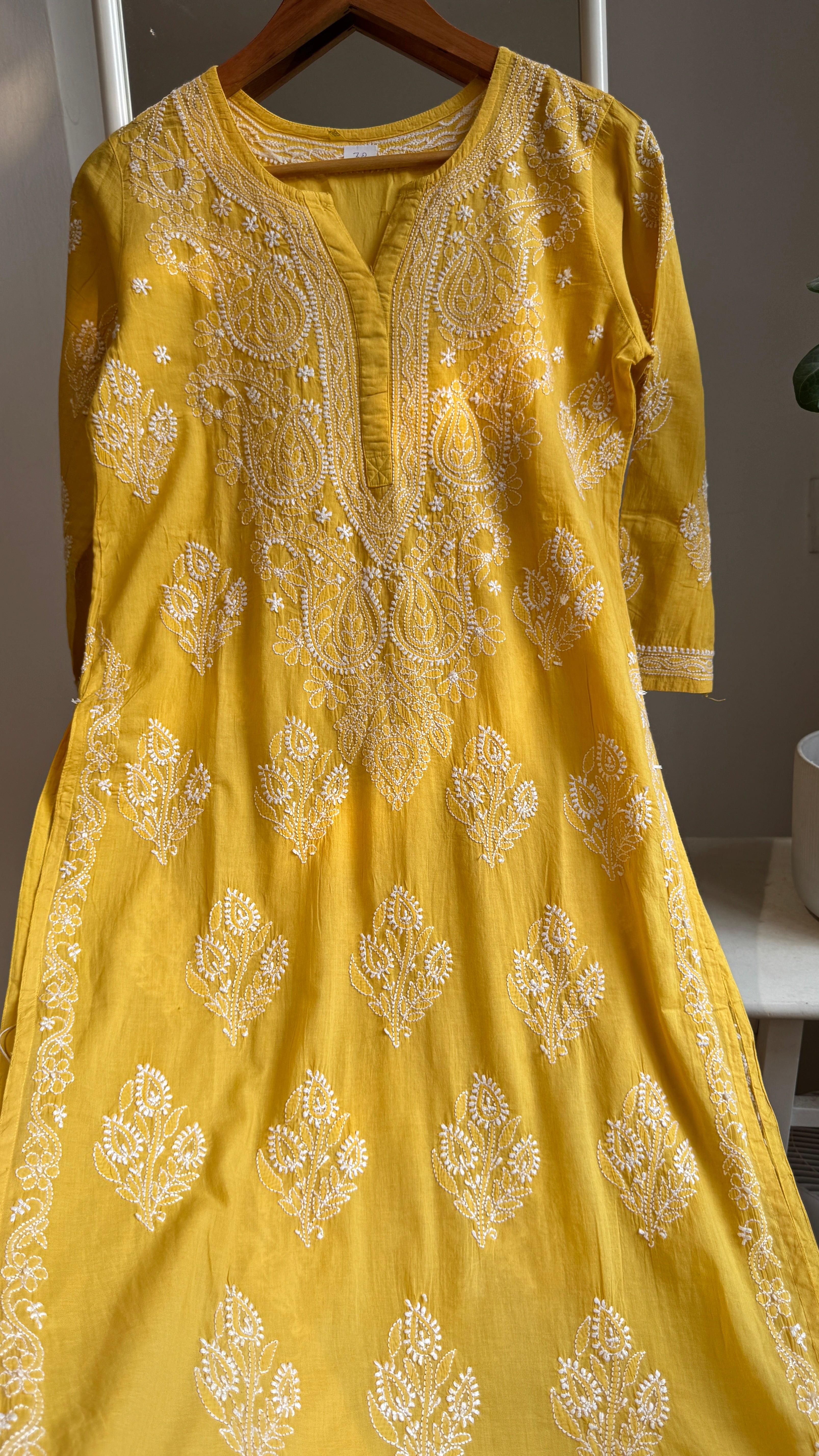 Mul Cotton Yellow Chikankari Kurti - Saaz Collection