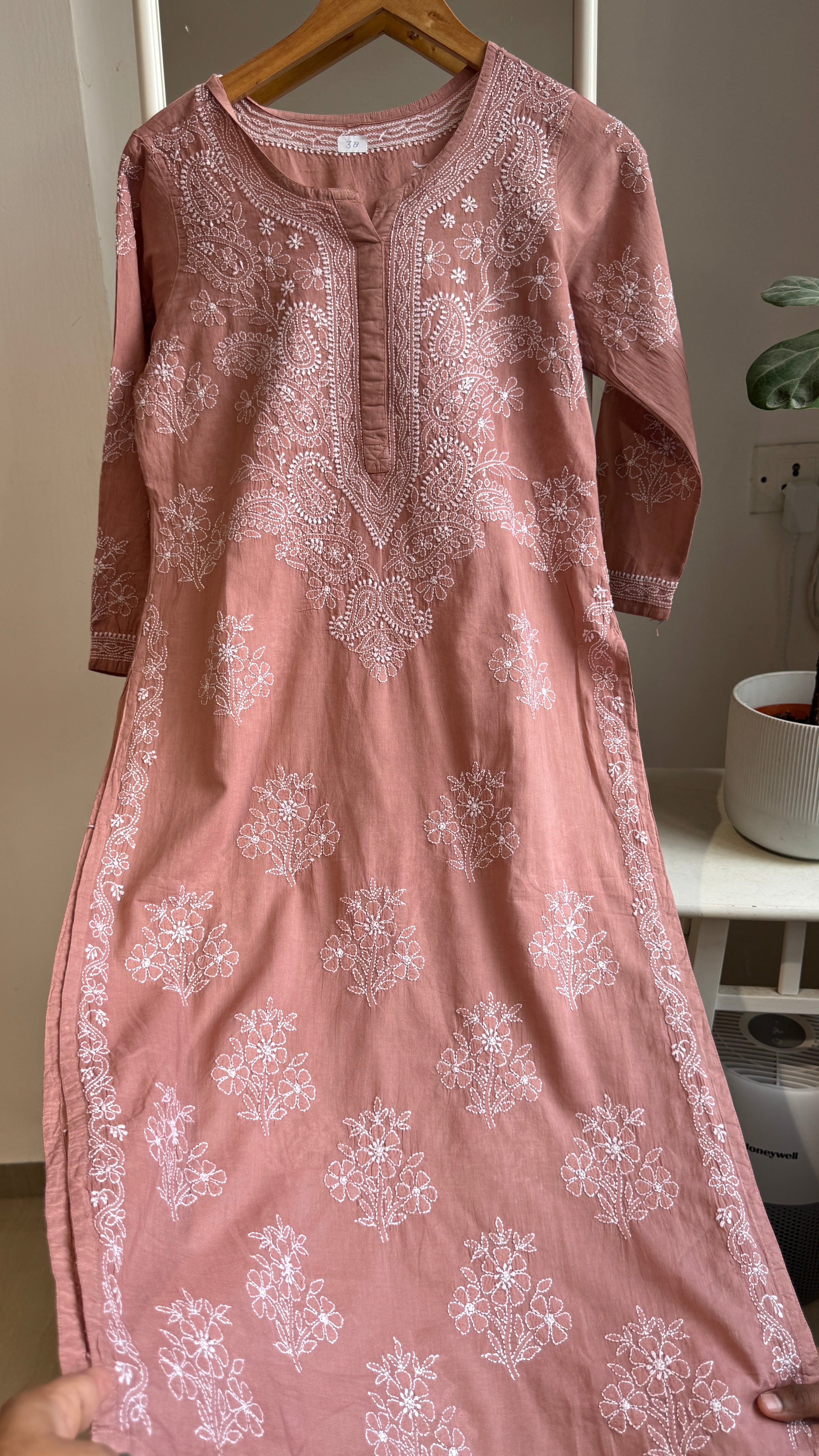 Mul Cotton Brown Chikankari Kurti - Saaz Collection