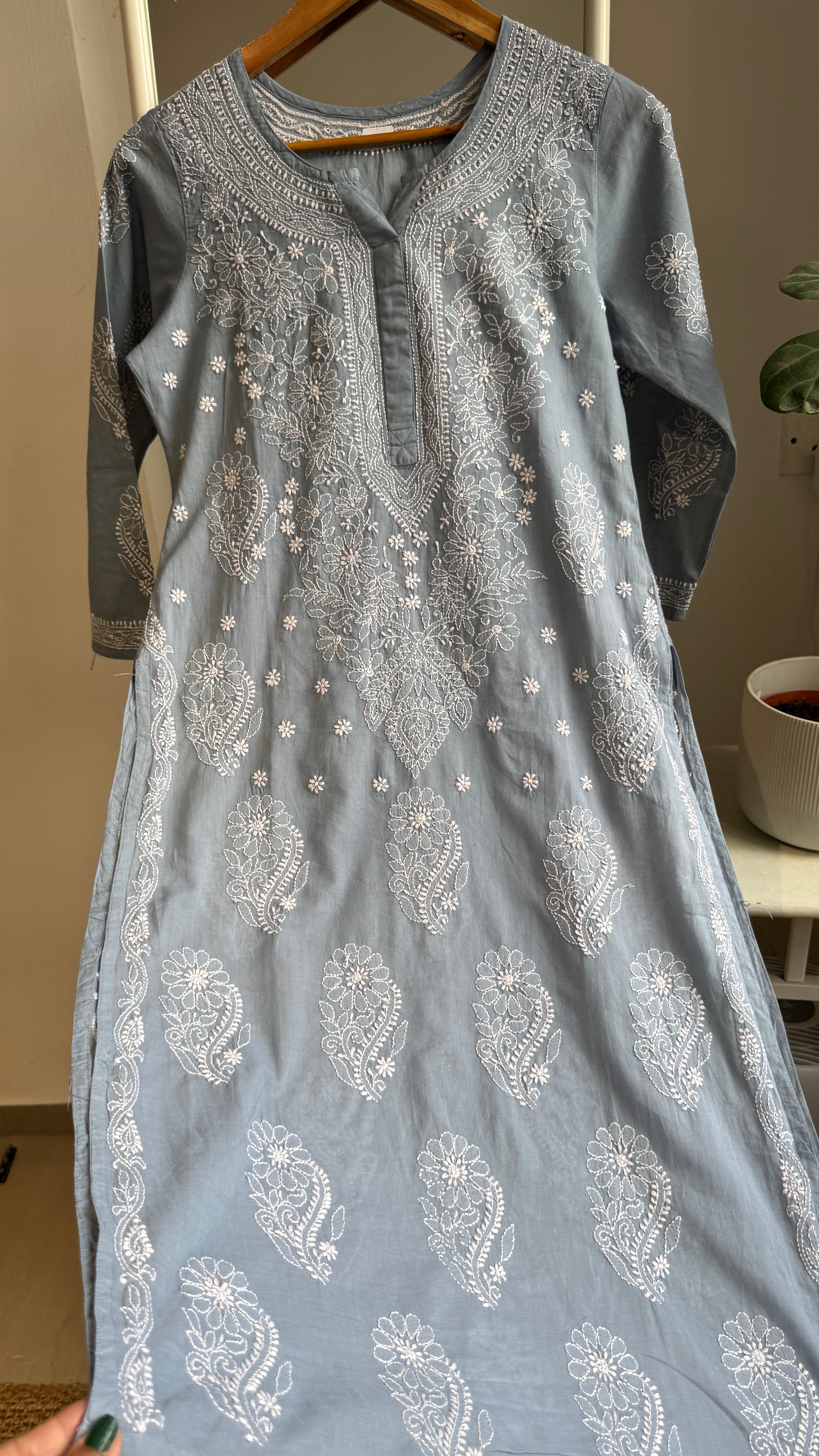 Mul Cotton Grey Chikankari Kurti - Saaz Collection