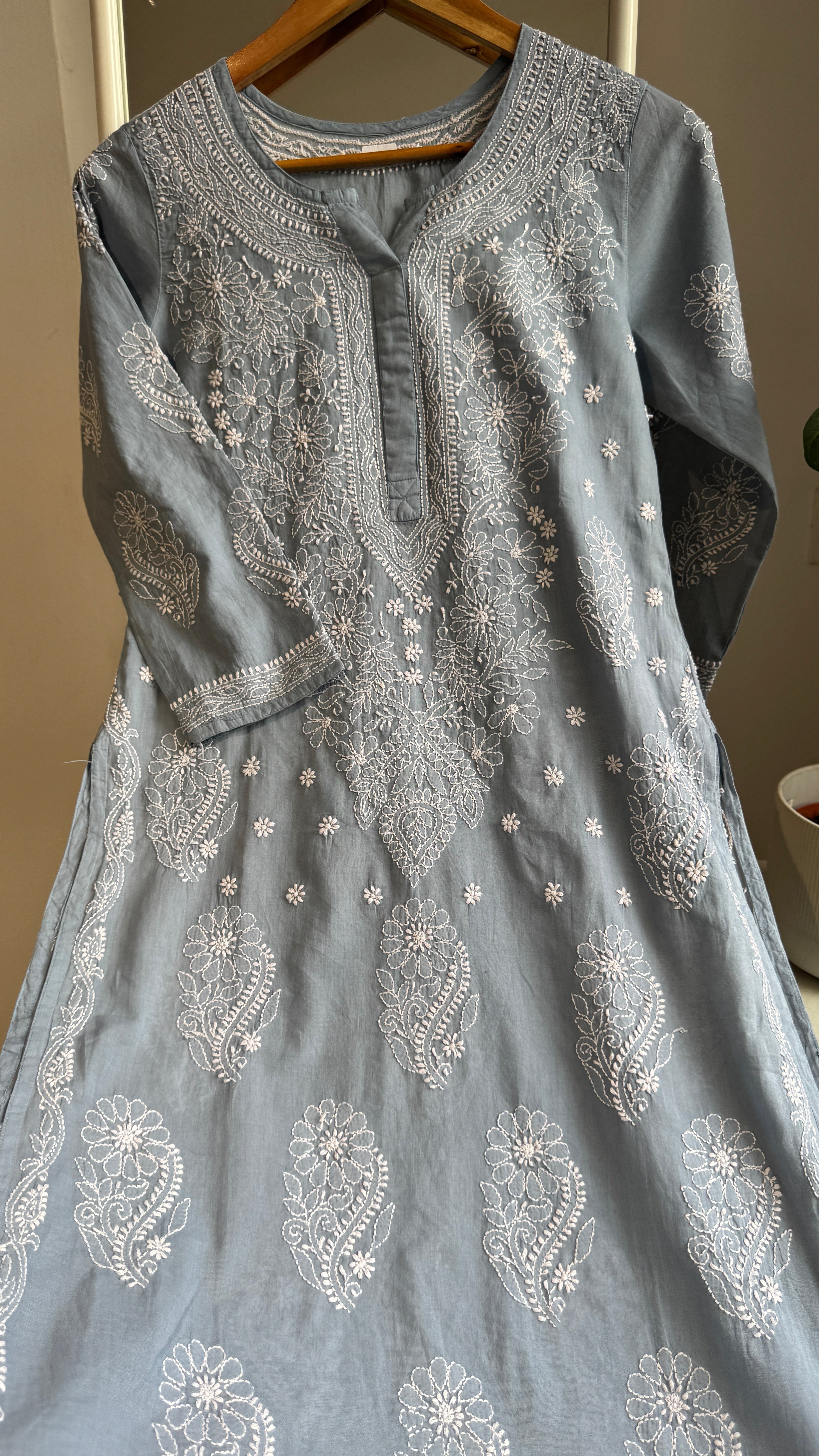 Mul Cotton Grey Chikankari Kurti - Saaz Collection