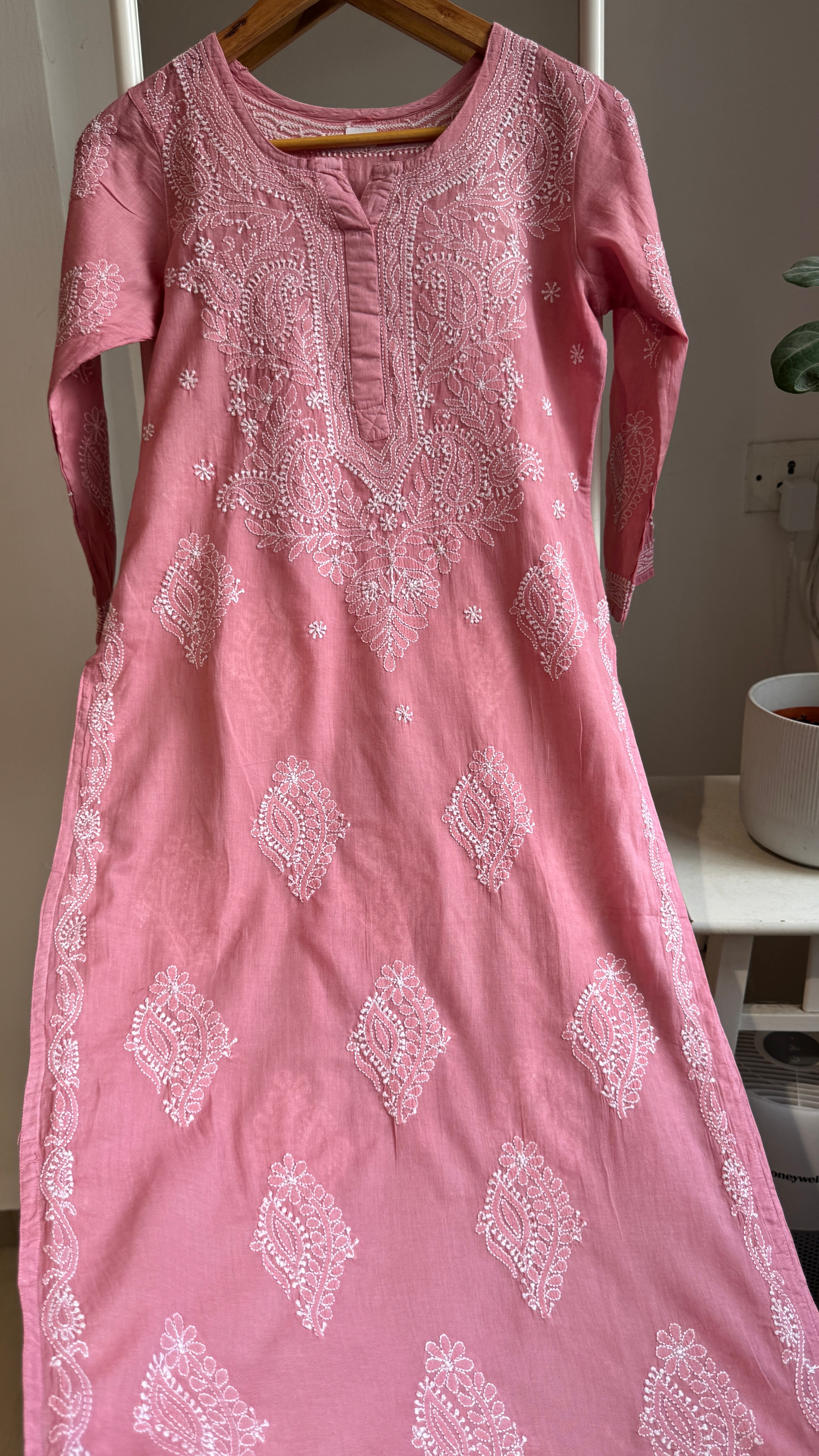 Mul Cotton Rosewood Pink Chikankari Kurti - Saaz Collection