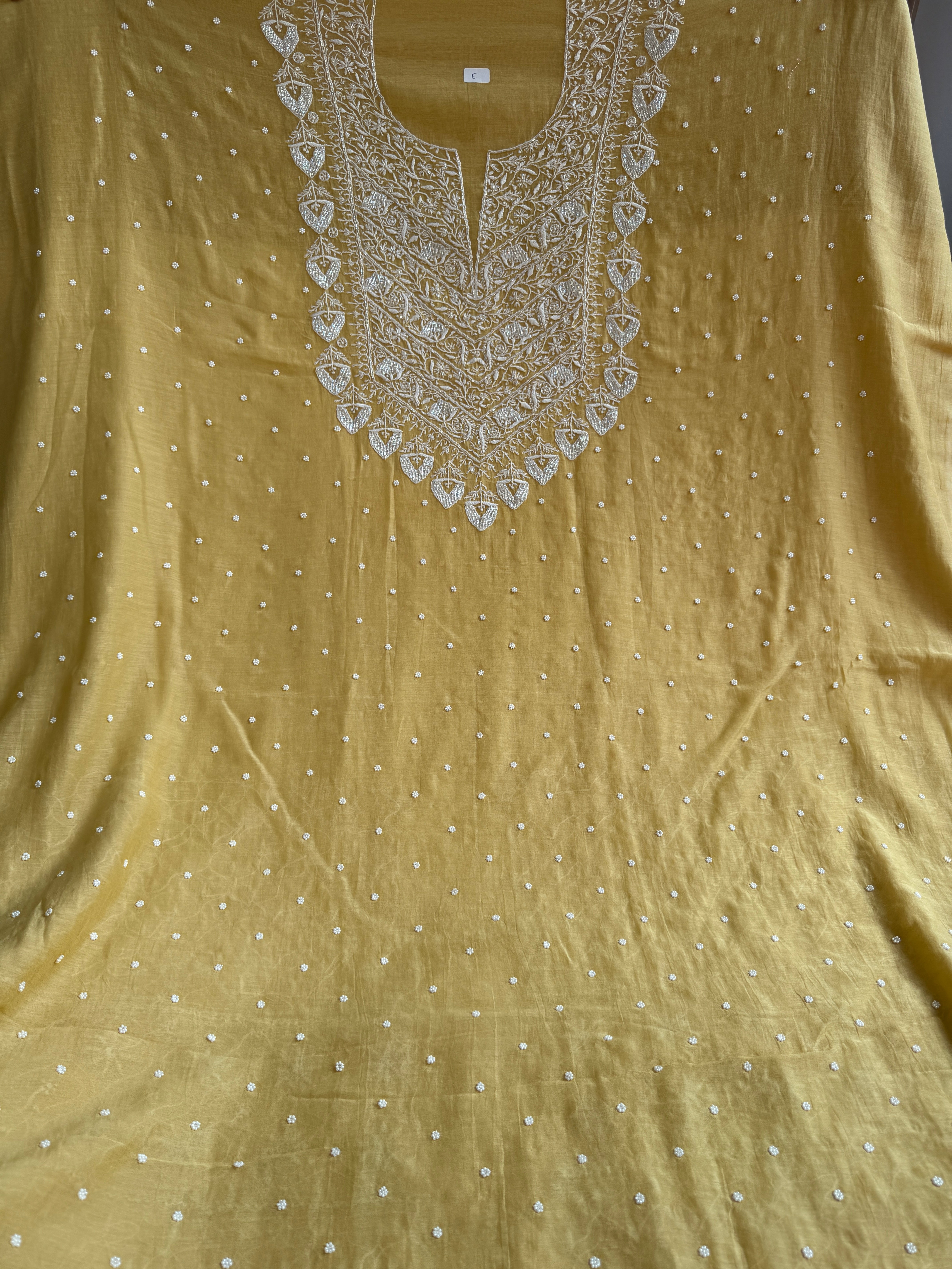Mul Chanderi Chikankari - Unstitched Set - Butter Yellow Beige