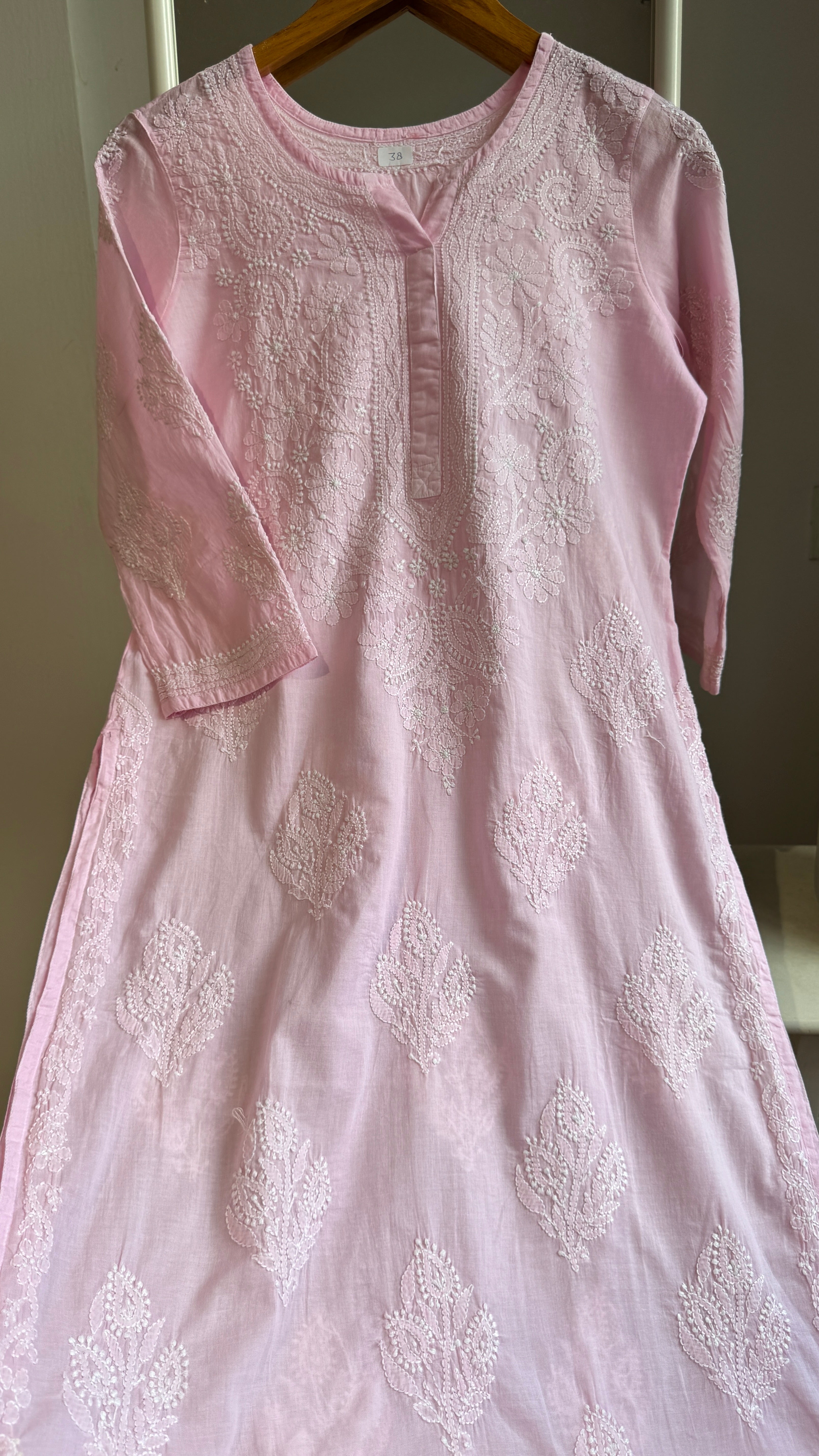Mul Cotton Pink Chikankari Kurti - Saaz Collection